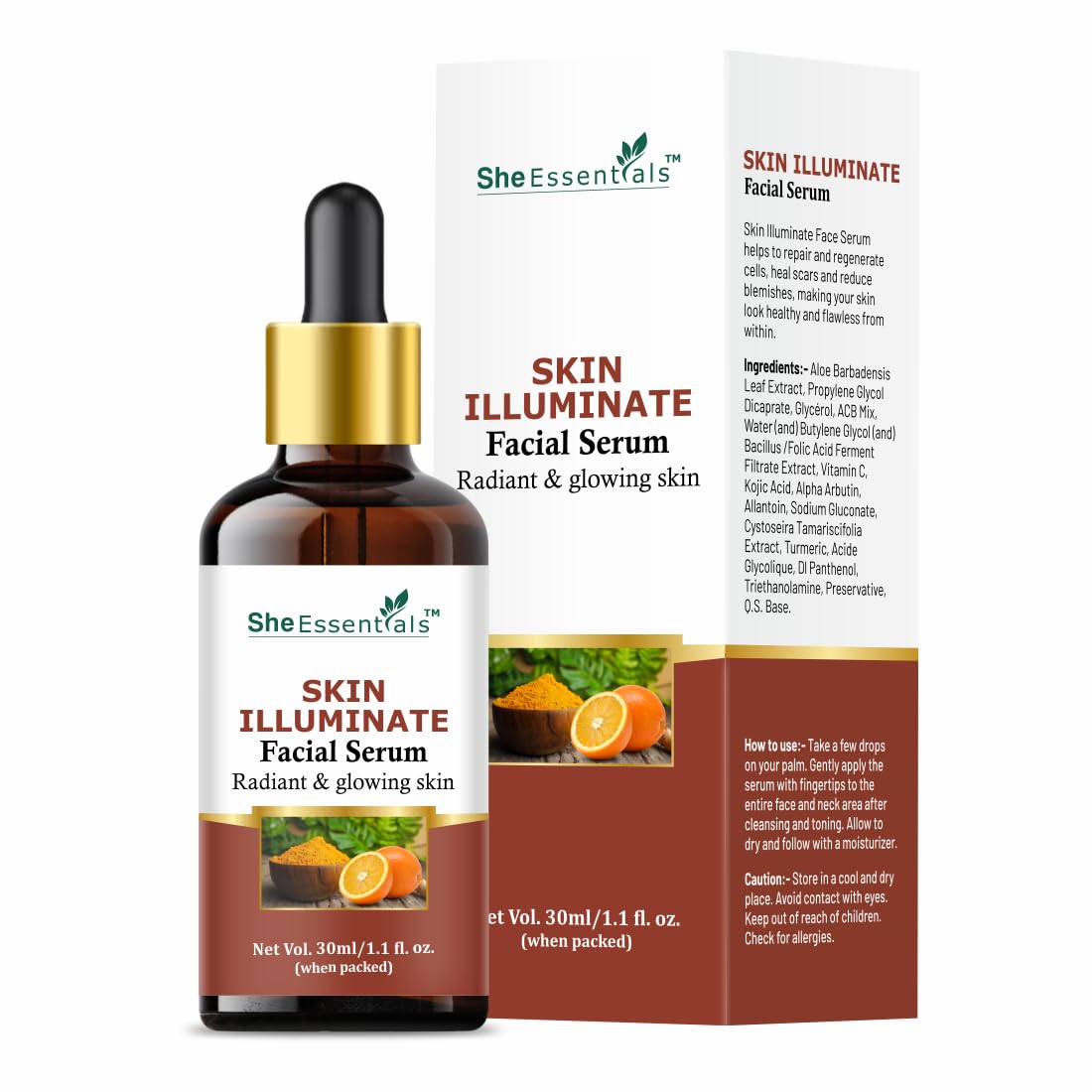 She Essentials Skin Illuminate Face Serum for Radiant & Glowing Skin | Reduces Blemishes, Fine Lines & Dark Spots | Lightweight Hydrating Formula | Natural, Paraben & Sulfate Free | Suitable for All Skin Types - 30ml | Perfect for Daily Skincare Routine & Nighttime Use