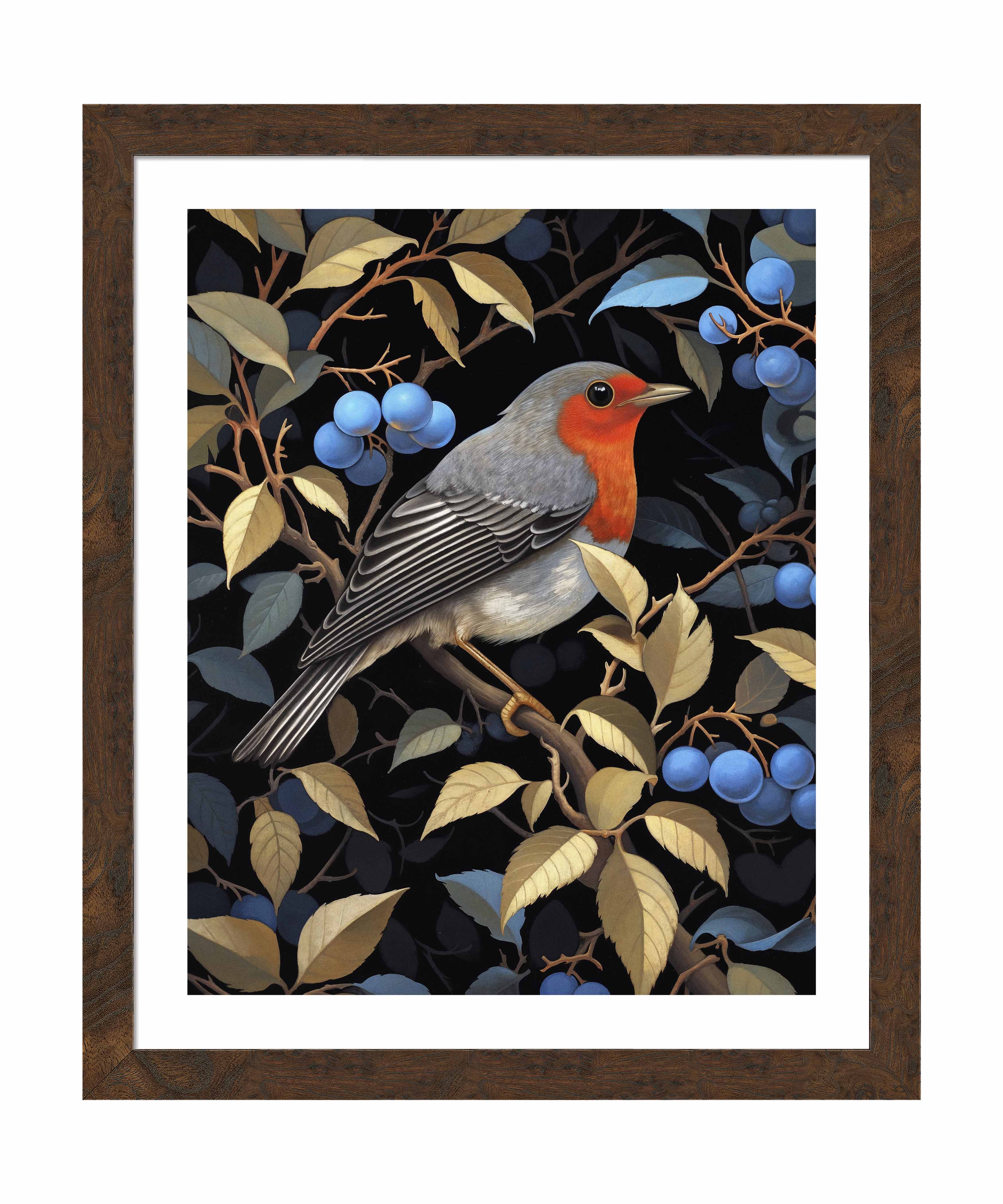 Crimson Song Robin Among Blueberries Wall Art Print - Beautiful Bird Painting for Home Decor, Living Room, Bedroom & Office