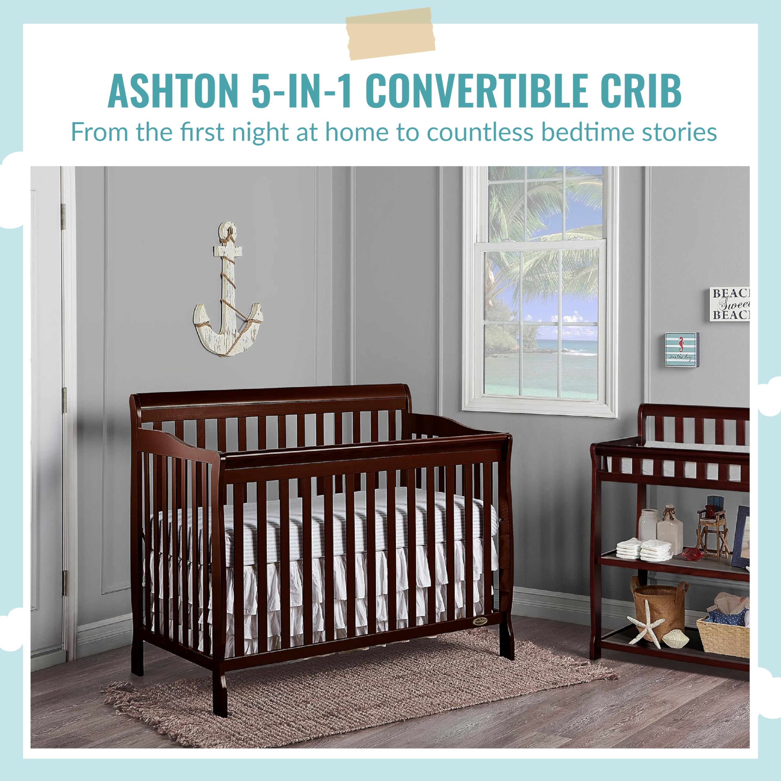 Dream On Me Ashton 5-in-1 Convertible Crib in Espresso - Greenguard Gold Certified Safe Nursery Furniture, 50x36x44 Inches - Perfect for Baby's Nursery, Toddler Room & Guest Bedroom