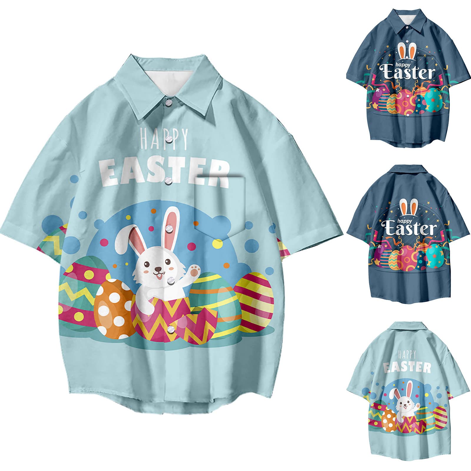Men's Happy Easter Hawaiian Shirt - Colorful Easter Egg & Cute Rabbit Print Casual Short Sleeve Button Down Shirt for Spring Parties, Beach Vacation & Holiday Celebration