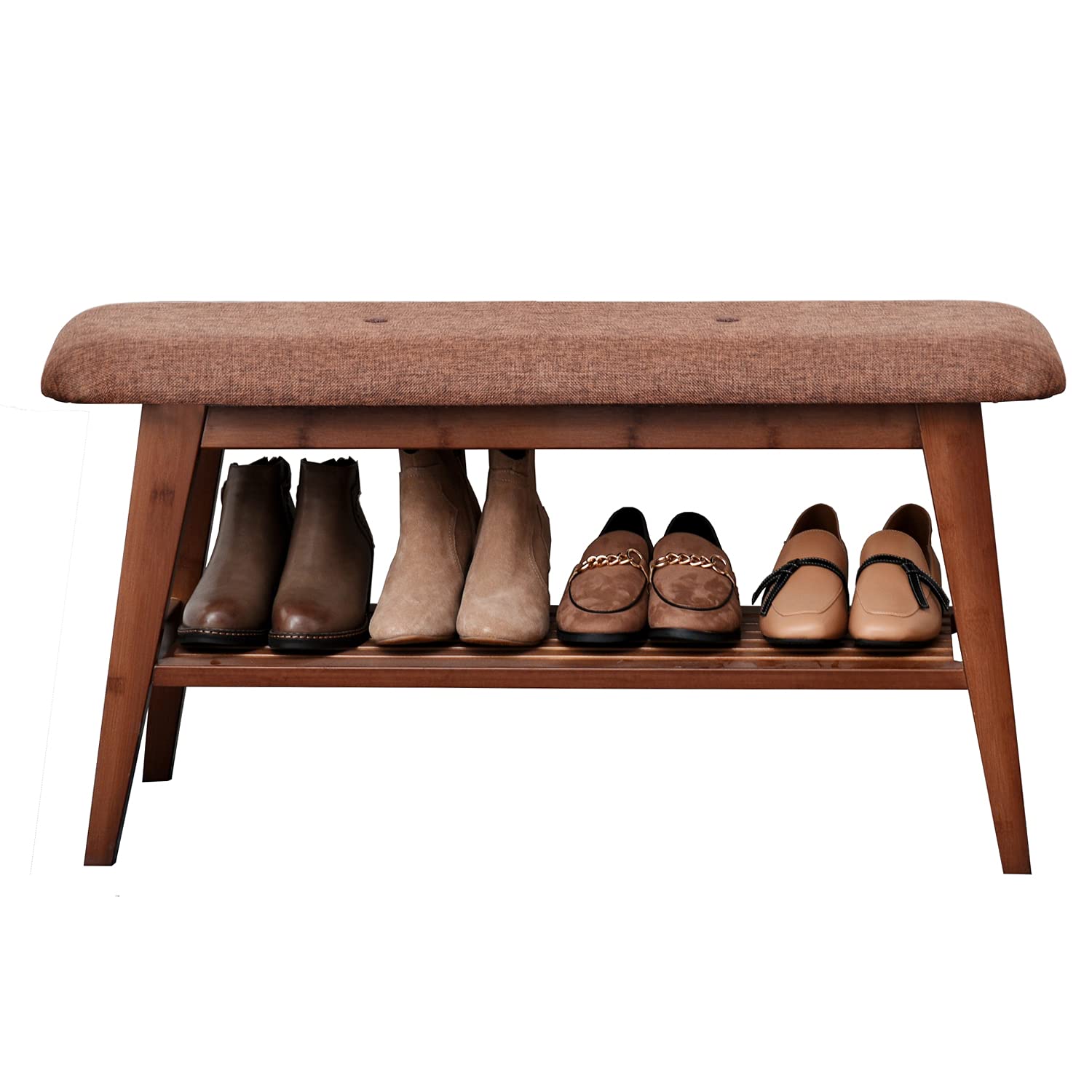 **Bamboo Shoe Rack Bench with 2-Tier Storage - Sturdy Entryway Organizer for Hallway, Living Room & Mudroom - Simple Style, High Load-Bearing (Brown, 35.4 Inches) - Perfect for Small Spaces & Shoe Storage**
