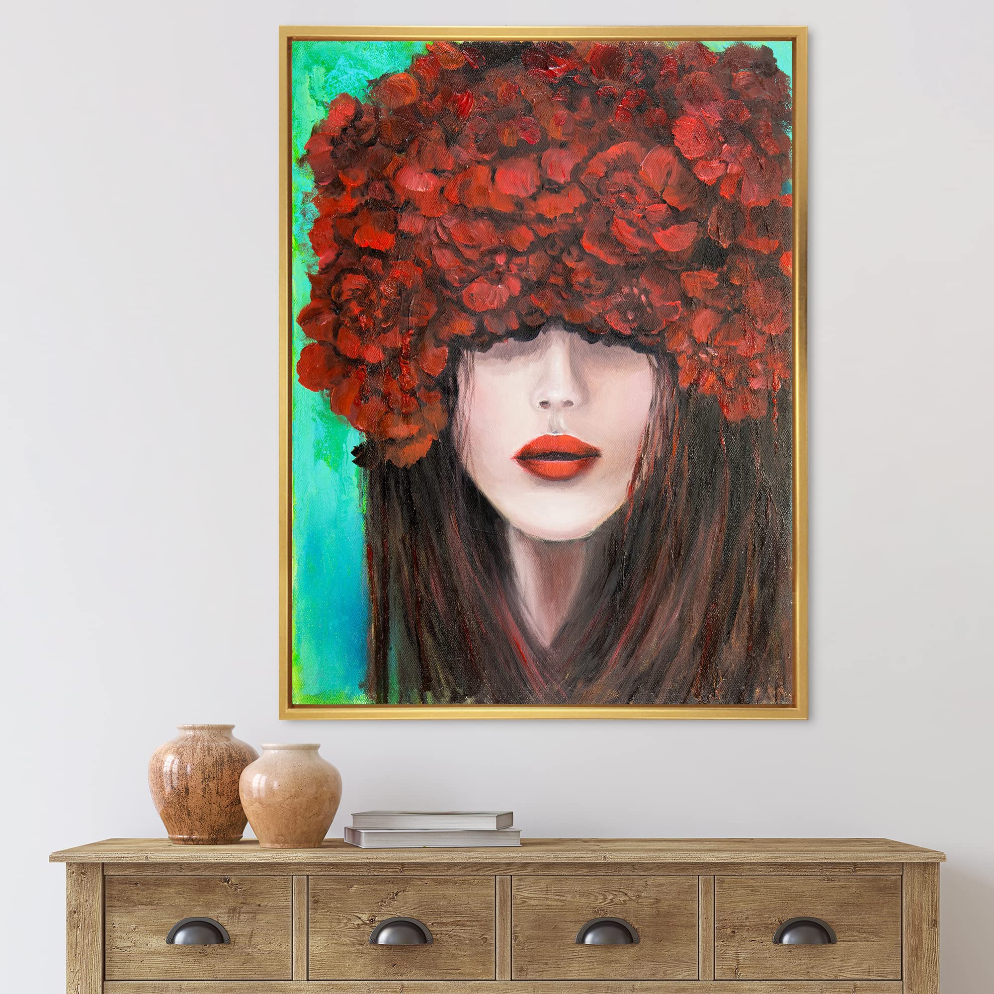 DesignQ Modern Framed Canvas Wall Art - Portrait of Young Woman with Red Flowers, Home Decor for Living Room, Bedroom & Office