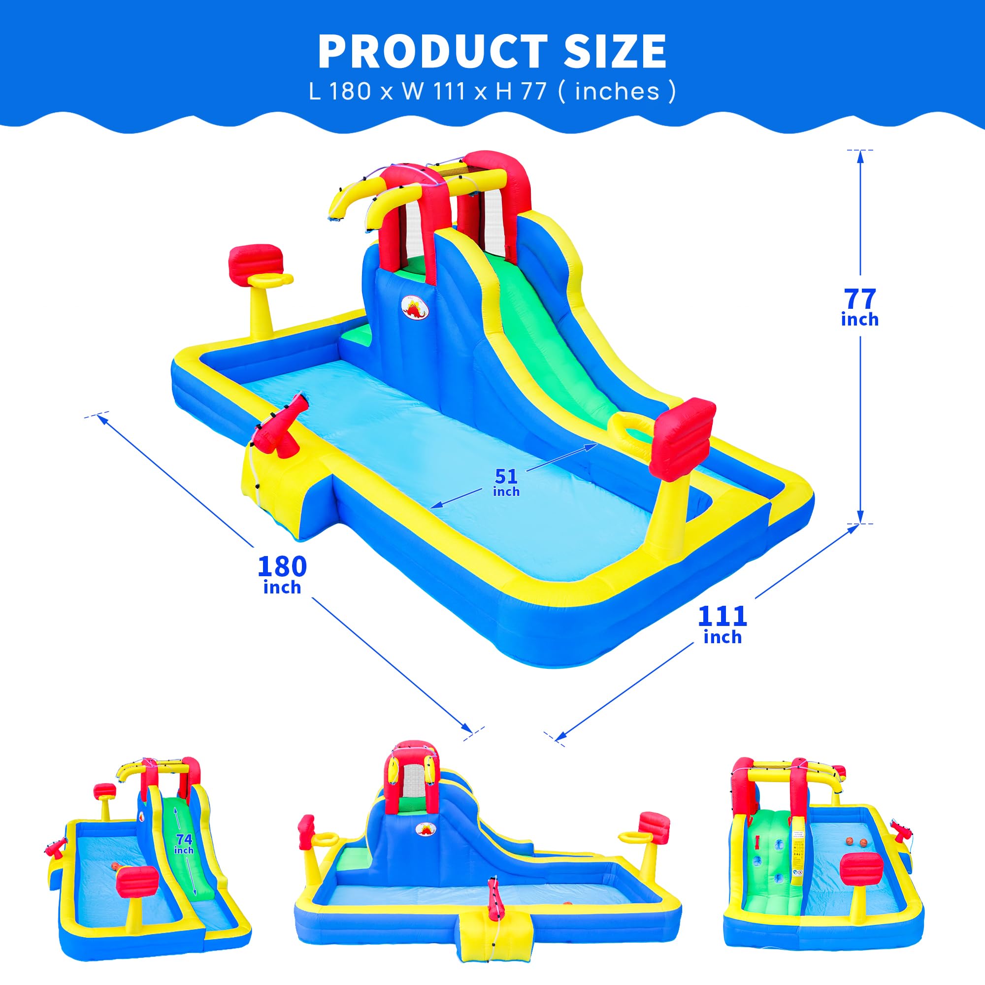 Inflatable Water Park with Blower - Bounce House with Water Cannon & Double Basketball Hoops for Kids Outdoor Summer Party, Backyard Pool Fun, and Birthday Celebrations