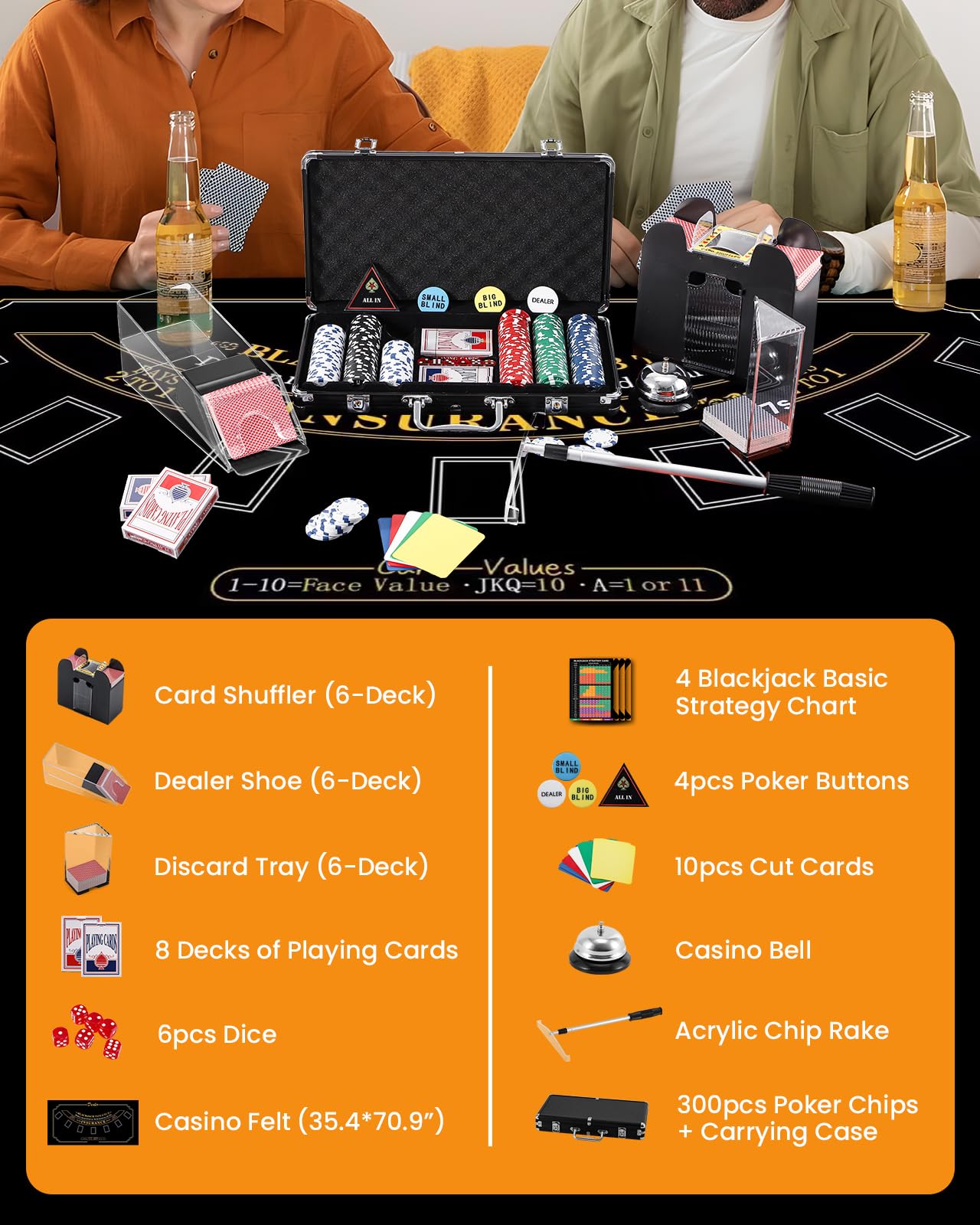 Premium Blackjack Casino Game Set - 300 Poker Chips, Automatic Card Shuffler, 8 Decks of Playing Cards, Felt Layout, Card Shoe & Accessories for Home Poker Nights & Casino-Themed Parties