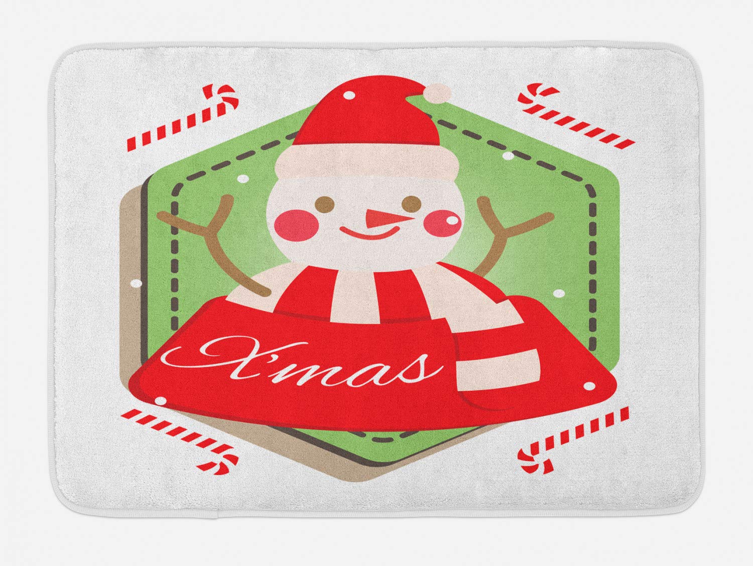 Ambesonne Christmas Bath Mat - Funny Santa Snowman Design with Xmas Lettering & Candy Canes - Non-Slip Plush Bathroom Rug 30x20 Inches Pistachio Green Vermilion - Perfect Holiday Decor for Bathroom, Kitchen or Festive Home Entryway