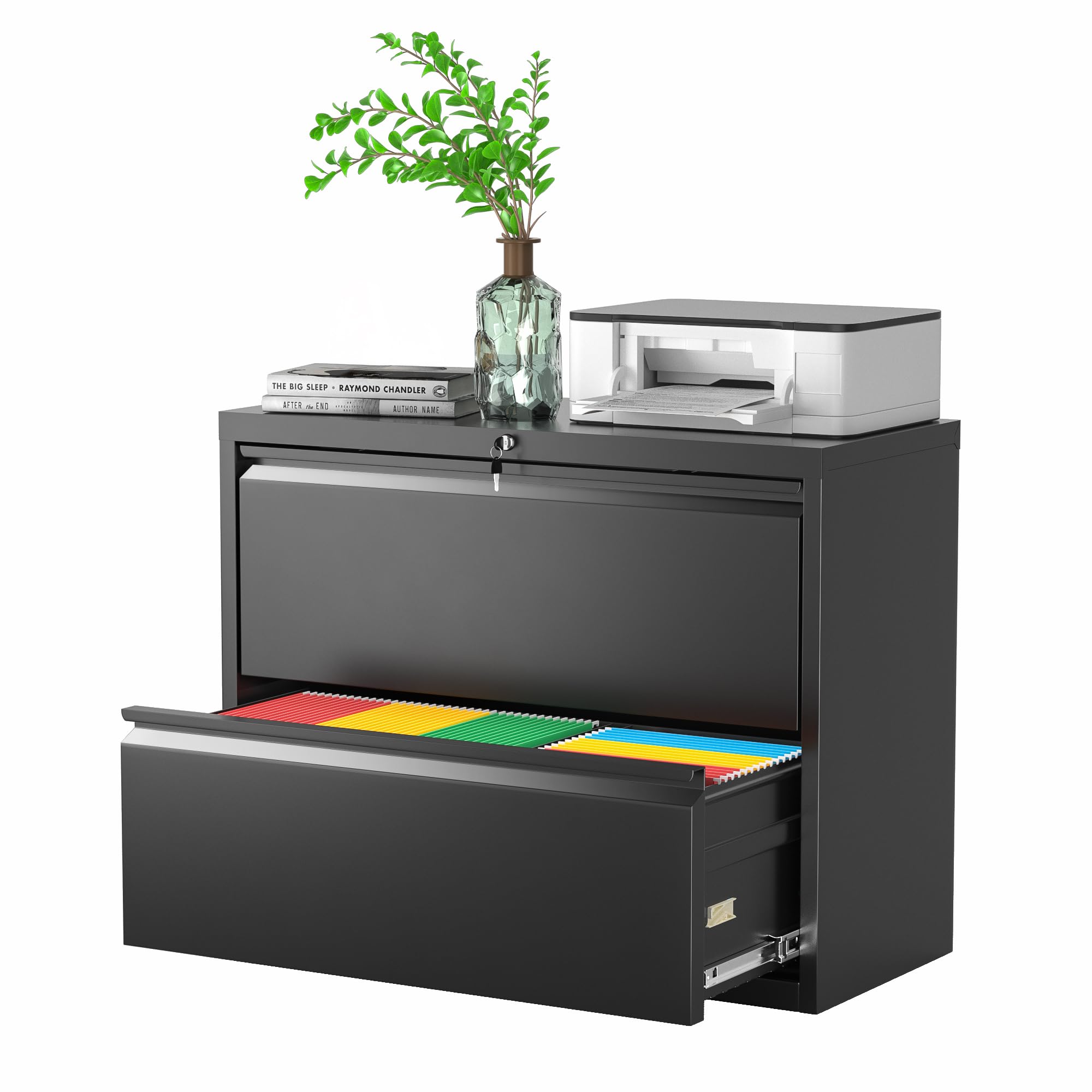 Pataku 2-Drawer Lateral File Cabinet with Lock - Black Metal Filing Cabinet for Home Office, Organize Hanging Files, Letters, Legal, F4 & A4 Documents - Perfect for Office Storage & Home Workspace Organization
