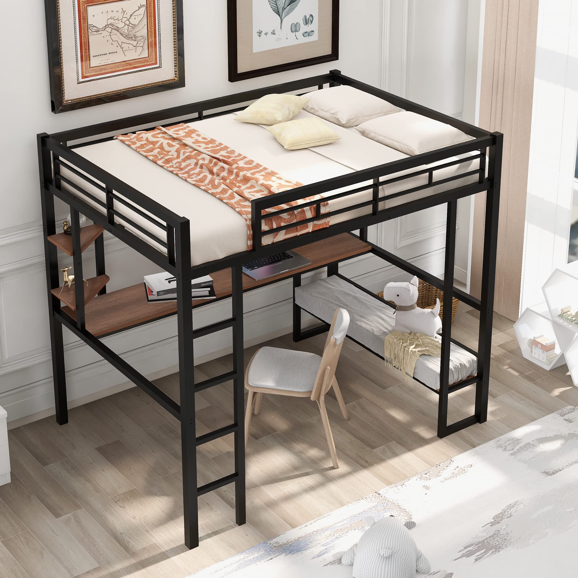 Harper & Bright Designs Full Metal Loft Bed Frame with Built-in Desk & Storage Shelves - Heavy Duty Steel Construction for Kids, Teens & Adults - Space-Saving Black Bedroom Furniture for Small Rooms, Dorms & Apartments
