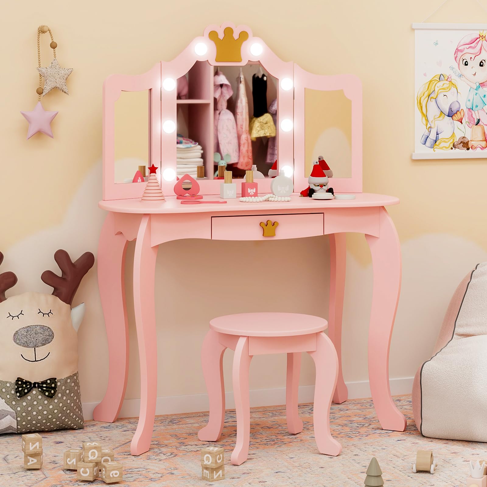 Costzon Kids Vanity Set with LED Lights & Stool - Pink Princess Makeup Dressing Table with Mirror, Drawers & Chair for Girls - Toddler Pretend Play, Birthday Gift & Bedroom Decor (Pink)
