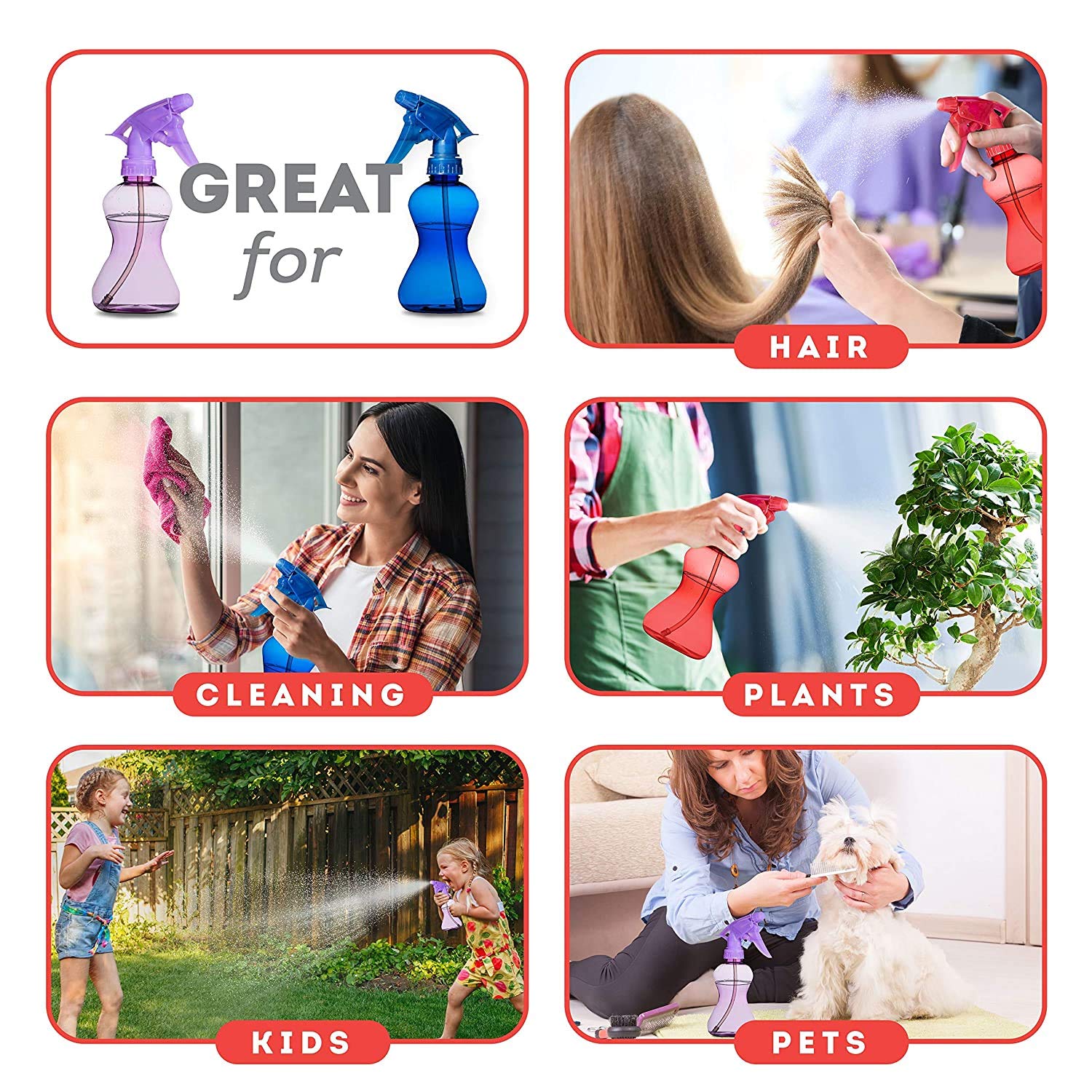 120 Pack Spray Bottles Bulk - 10 Oz Empty Plastic Spray Bottles for Hair, Cleaning, Plants & DIY Projects - Fine Mist Sprayer (20 x 6-Packs: 40 Blue, 40 Red, 40 Purple) - Perfect for Salons, Home Cleaning & Gardening