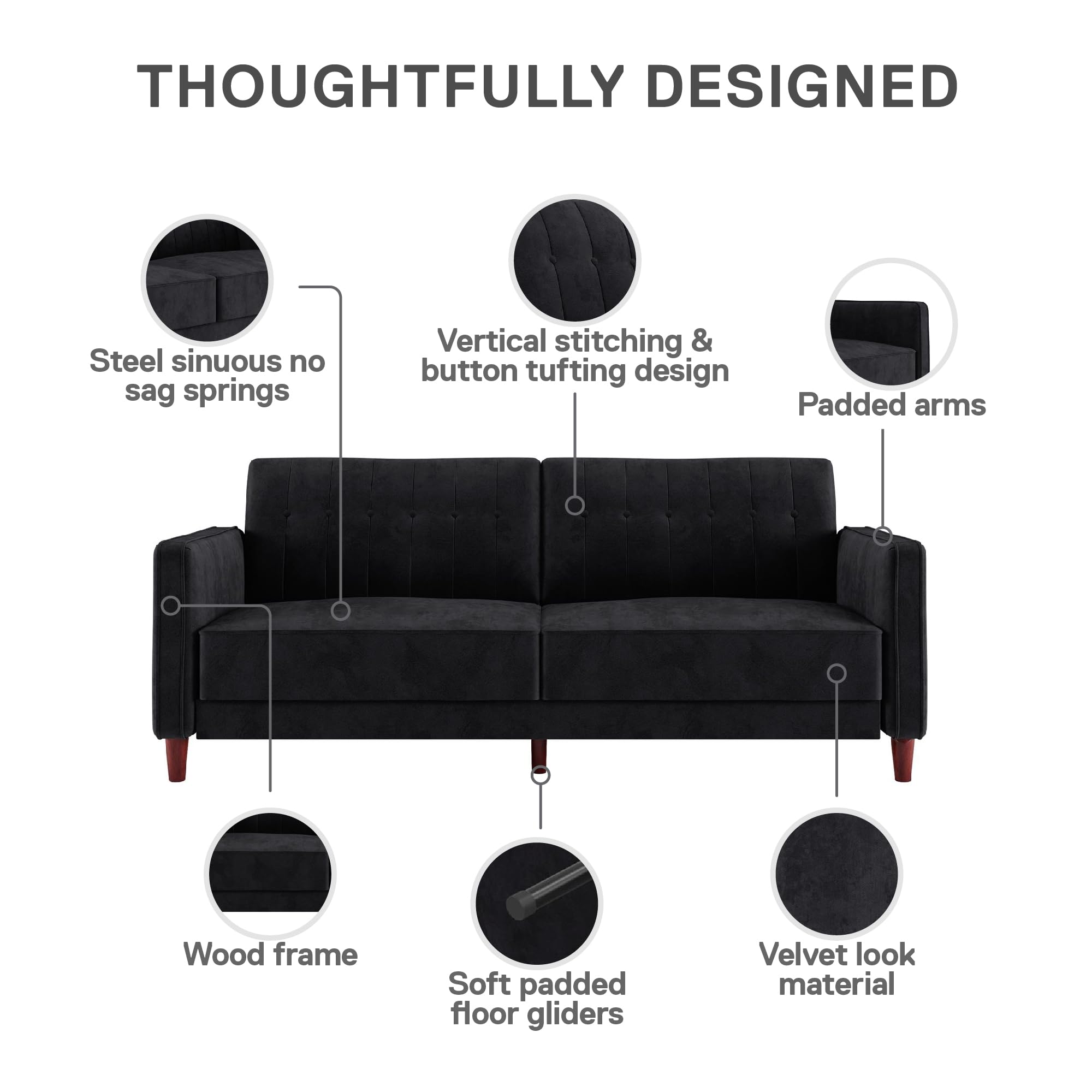 DHP Ivana Tufted Transitional Futon Sofa Bed - Convertible Sleeper with Black Velvet Upholstery for Living Room, Guest Room & Small Spaces