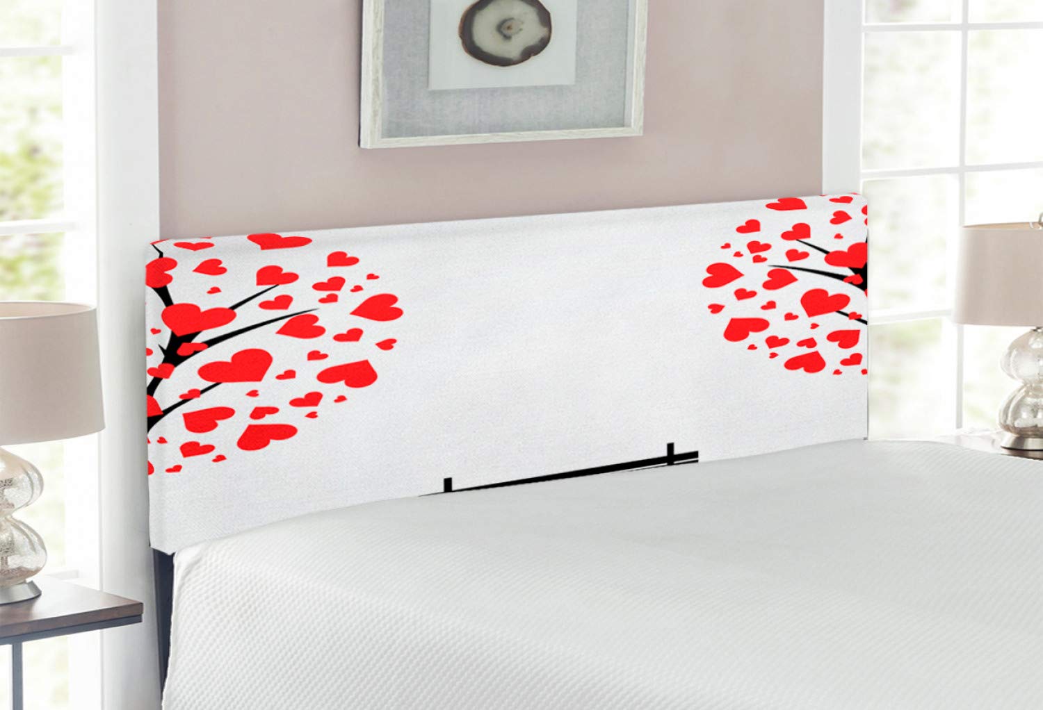 Ambesonne Tree of Life Headboard - Upholstered Metal Bed Frame with Memory Foam, Full Size in Black Red White - Nature Inspired Design with Heart-Shaped Leaves & Bench for Romantic Bedroom Decor | Perfect for Master Bedrooms, Guest Rooms & Cozy Home Retreats