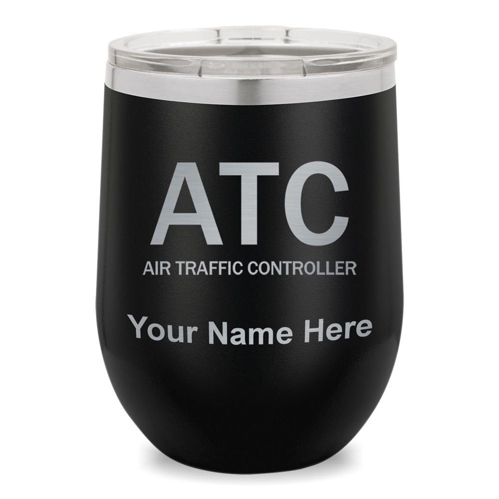LaserGram Double Wall Insulated Stainless Steel Wine Tumbler with Personalized Engraving - ATC Air Traffic Controller Themed Gift (Black) - Perfect for Office Use, Gifts & Outdoor Wine Drinking