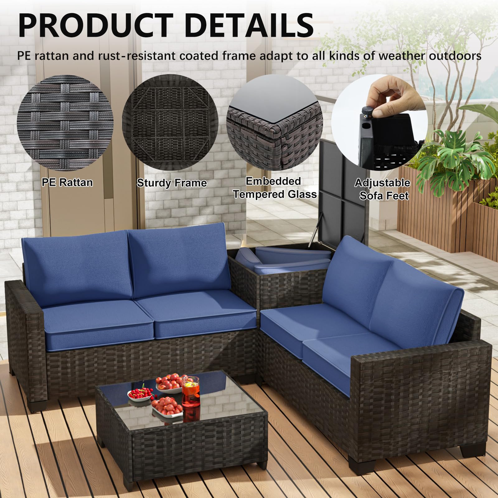Outdoor PE Rattan 4-Piece Wicker Sectional Sofa Set with Storage Box & Glass Table - Patio Furniture for Garden, Poolside & Backyard Relaxation