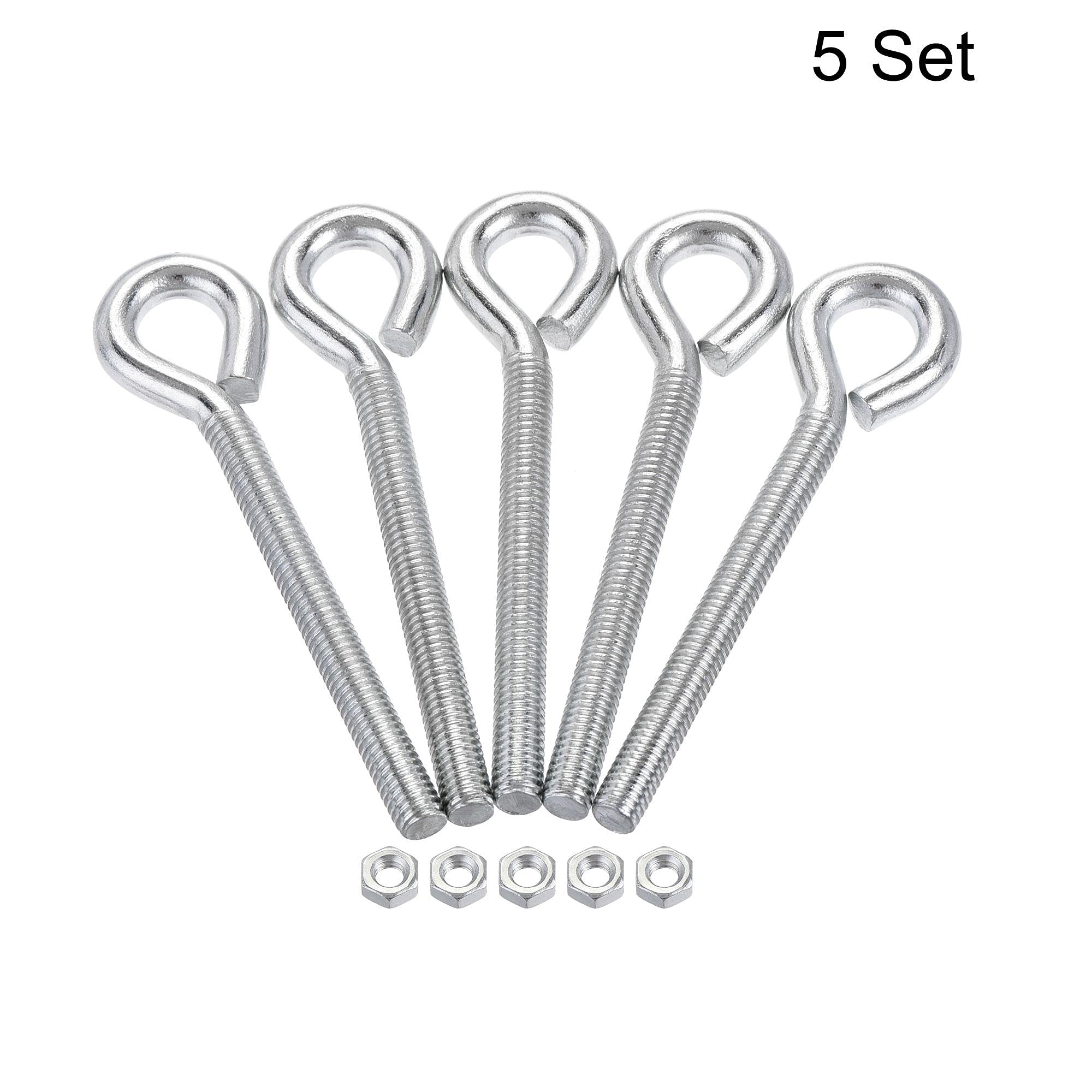 uxcell M6x60mm Eye Hooks Screws Bolts Kit - 5pcs Carbon Steel Hanger Eyelet Hooks with Hex Nuts for Metal Hook & Wood Terminal Ring Hooks - Perfect for Hanging Plants, Lights, and Heavy Duty Storage