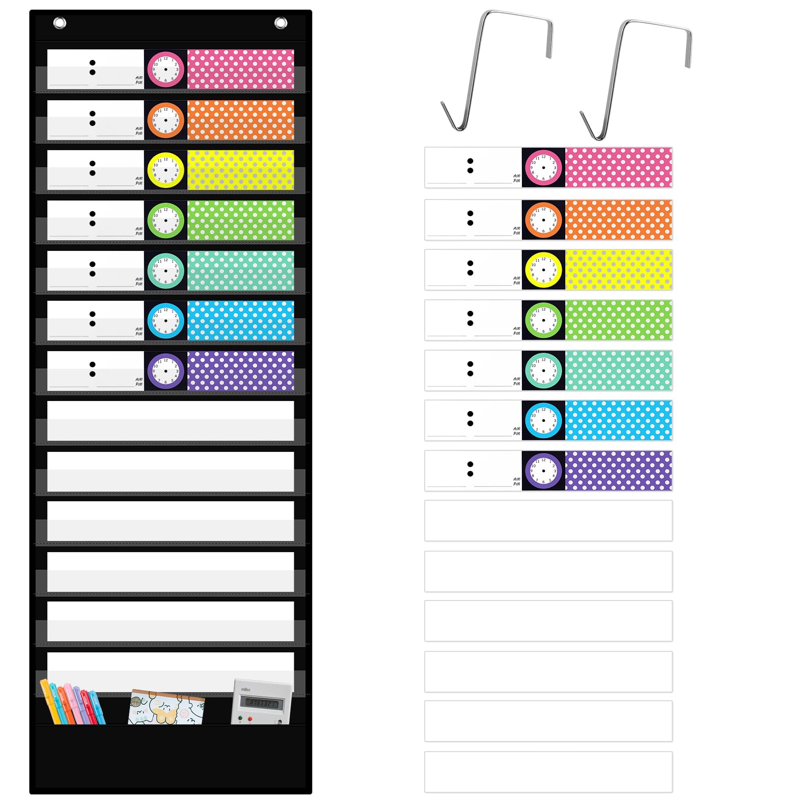 13-Pocket Schedule Chart with Cards & Hooks for Classroom, Home, Office