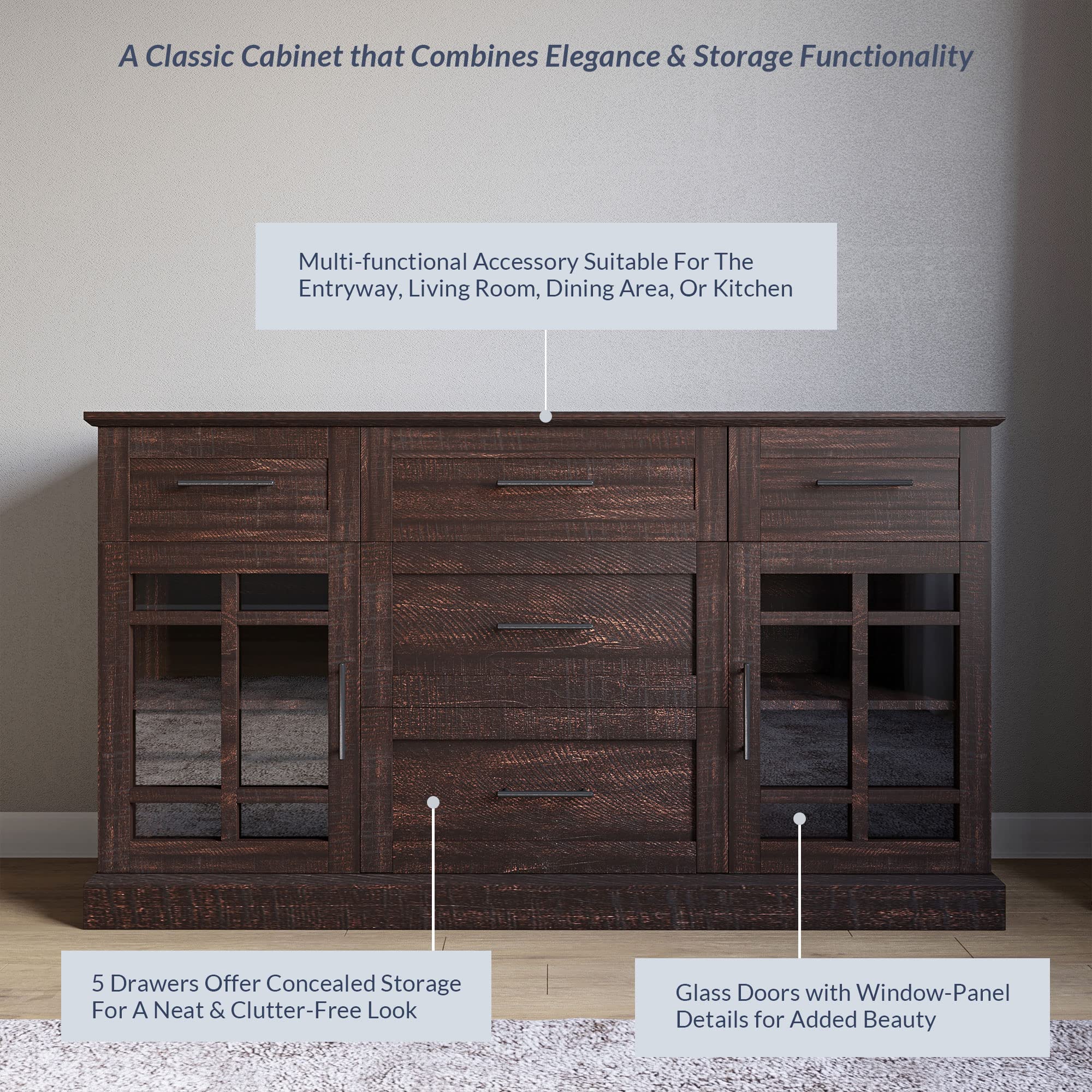 BELLEZE 58 Inch Sideboard Buffet Console Table with Drawers & Adjustable Shelves - Versatile Media Cabinet for Living Room, Dining Room or Entryway - Astorga Espresso Finish