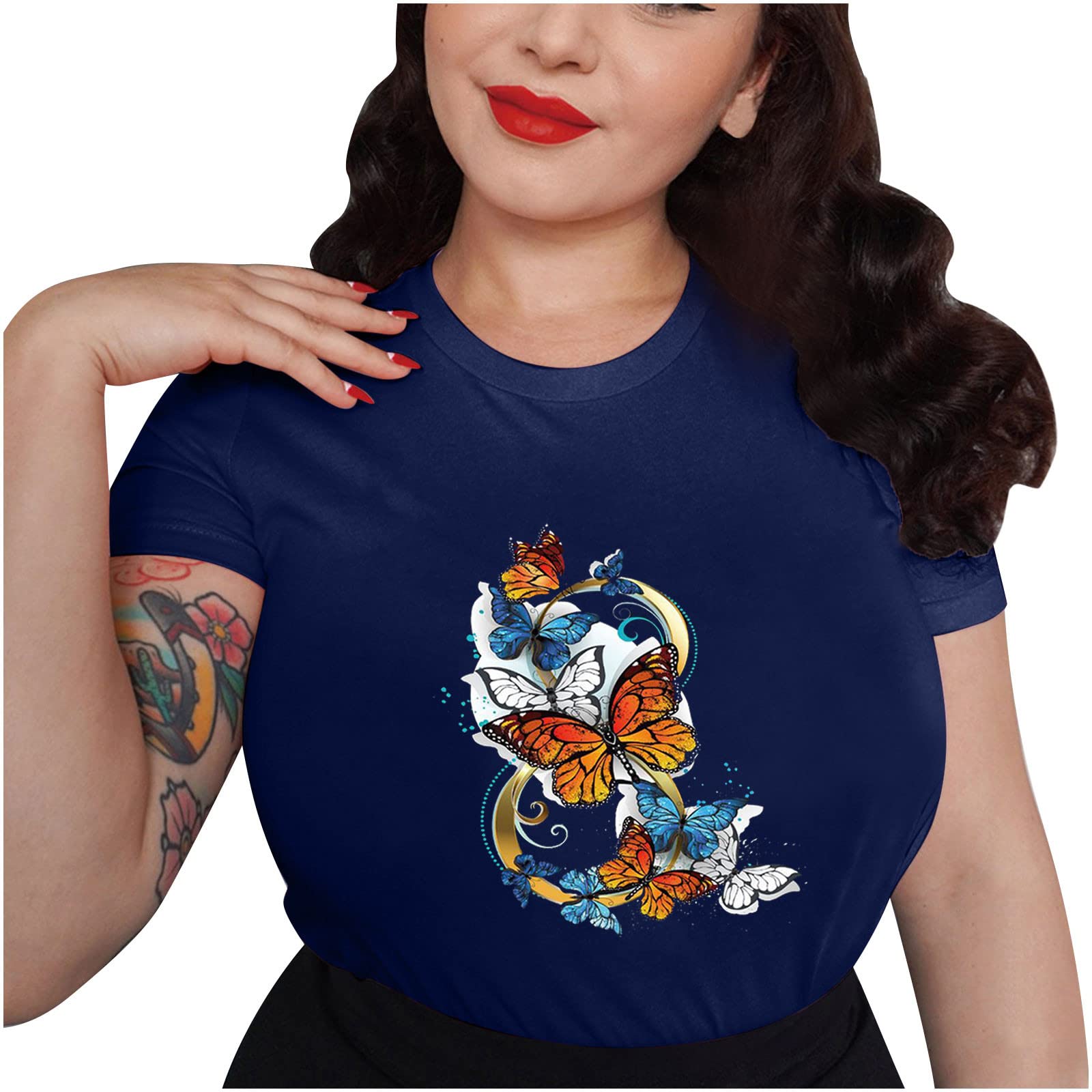 Women's Sunflower Butterfly Print Short Sleeve T-Shirt - Summer Casual Crewneck Blouse for Trendy Outfits | Perfect for Beach Vacations, Date Nights & Weekend Brunch