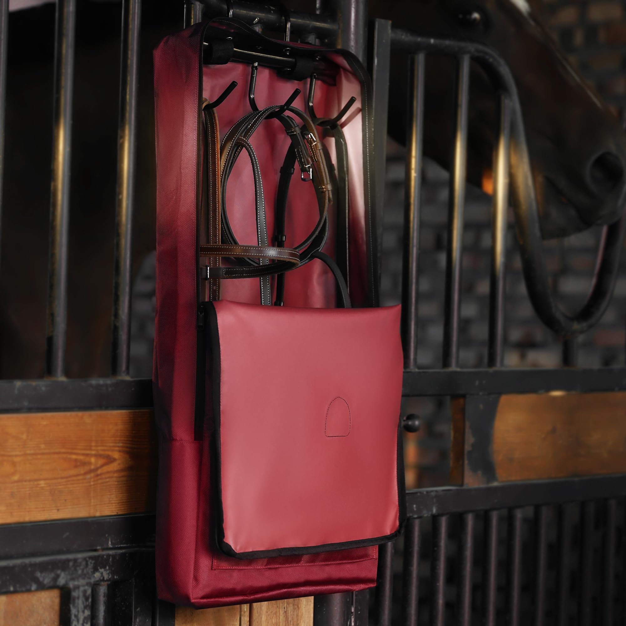 Harrison Howard Waterproof Horse Tack Carry Bag with 3-Prong Tack Rack - Durable Bridle/Halter Storage for Equestrian Gear (Burgundy) - Perfect for Horse Shows, Trail Rides & Stable Organization