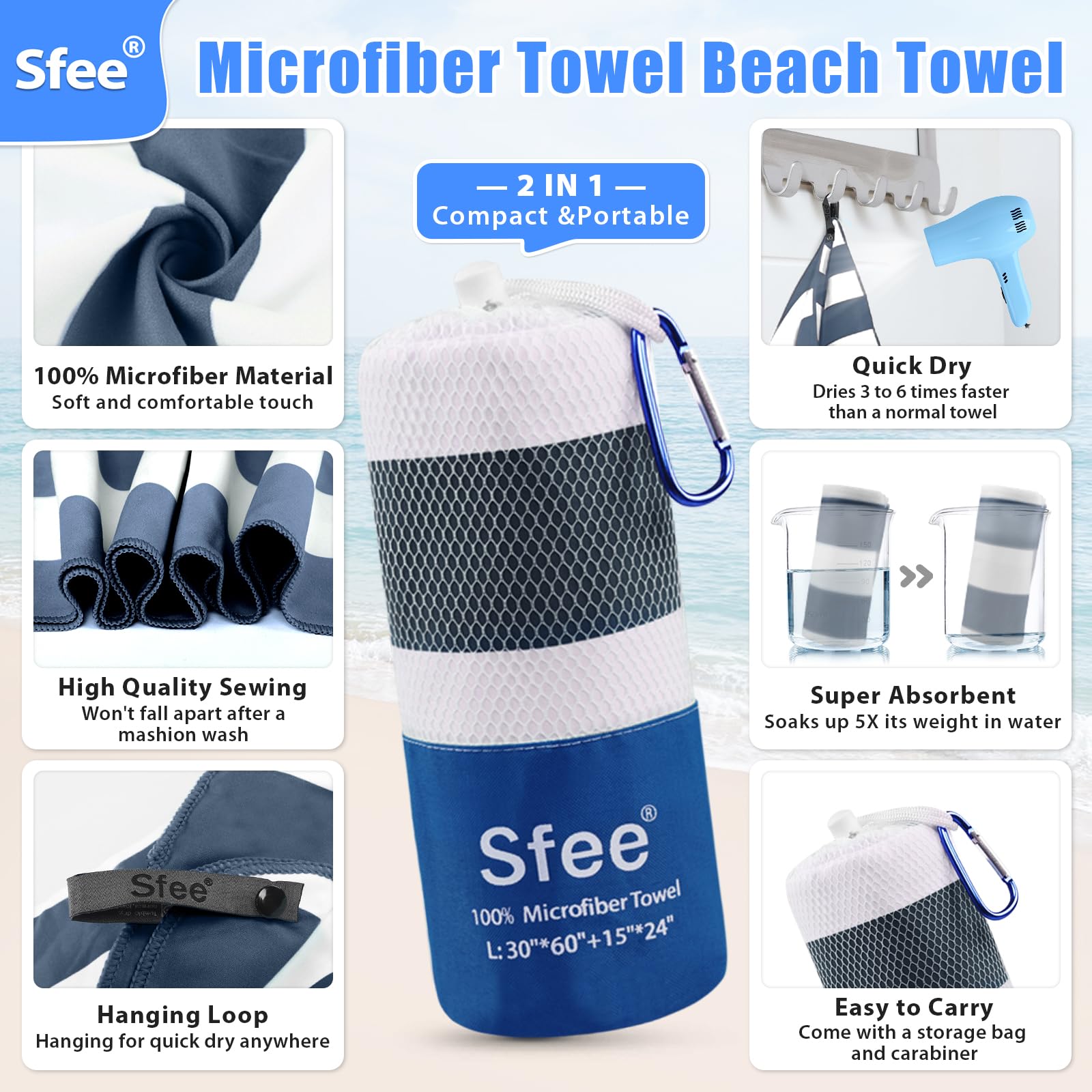 **Sfee 2-in-1 Microfiber Beach Towel - Quick Dry, Super Absorbent & Lightweight for Travel, Camping, Gym, Yoga, Pool & Hiking - Perfect for Outdoor Adventures, Sports & Relaxation**