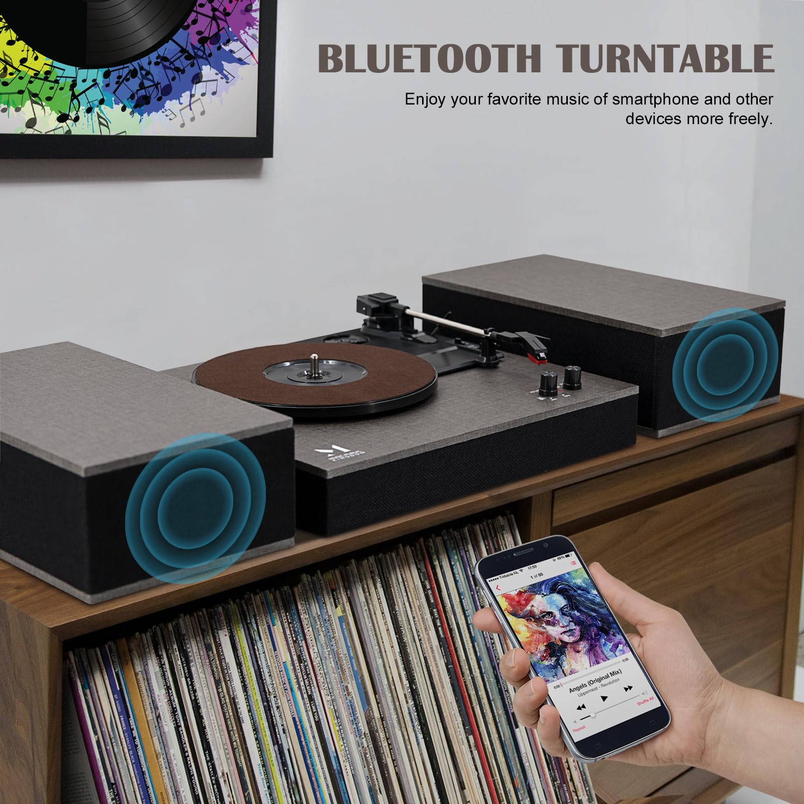 MPK Bluetooth Record Player - 3-Speed Belt-Drive Vinyl Turntable with HiFi Bookshelf Speakers | Wireless Playback & Auto-Stop | Grey Cloth Pattern | Perfect for Home Entertainment & Vinyl Collection