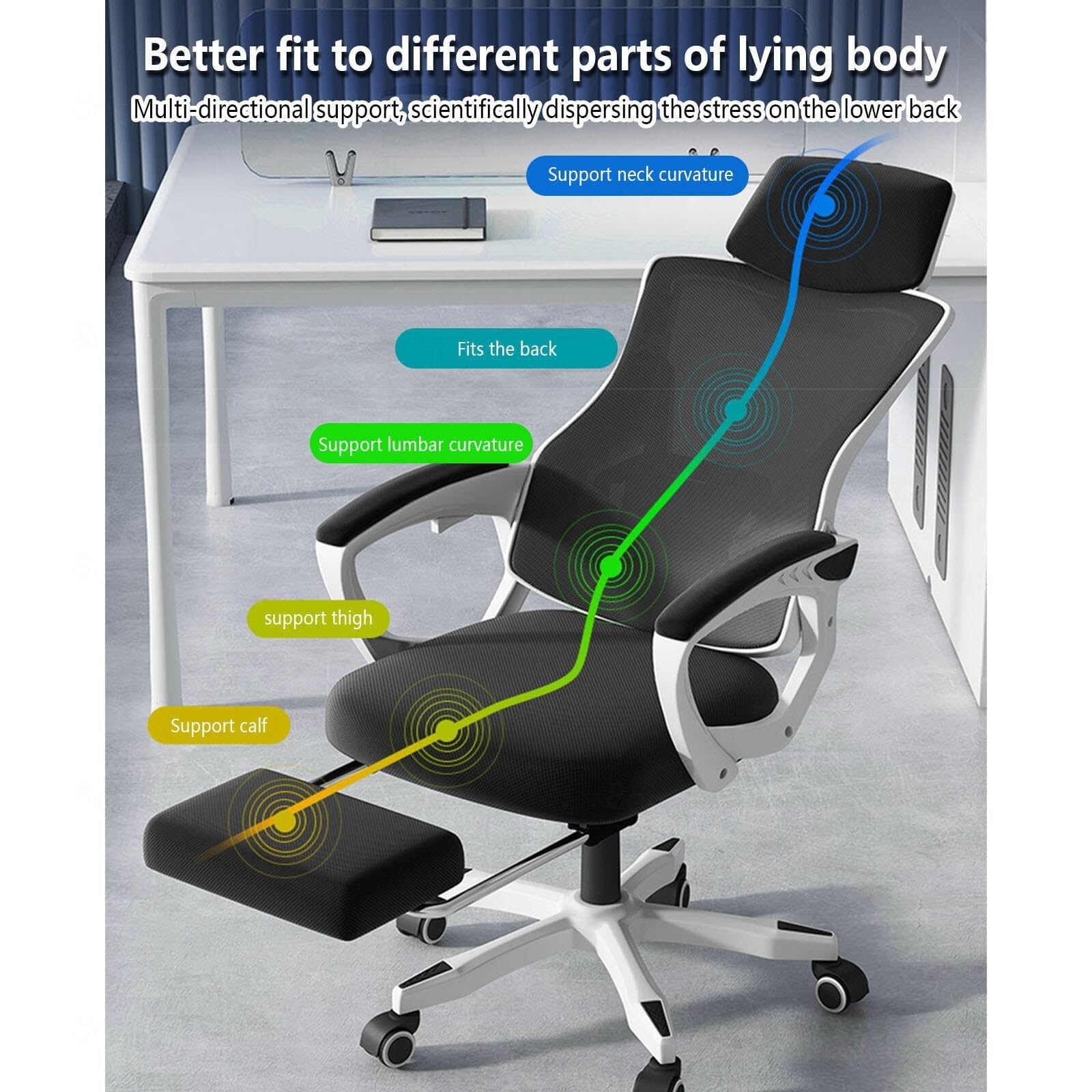Ergonomic Office Chair with Adjustable Lumbar Support & Retractable Footrest - Comfortable Computer Desk Chair for Home Office, Study, Gaming - White & Black (Black) - Perfect for Long Work Hours & Online Classes
