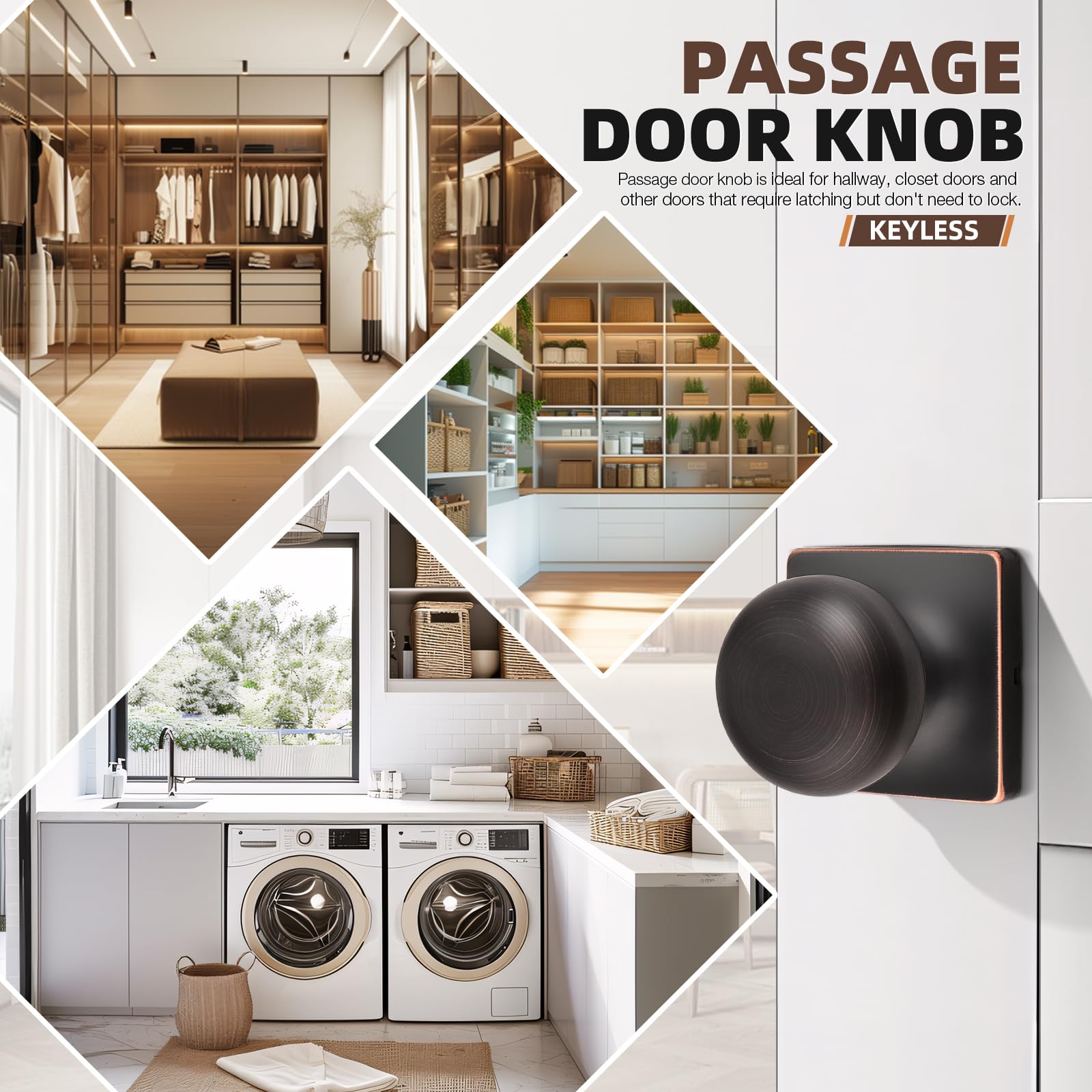 GOBEKOR 3 Pack Keyless Passage Door Knobs - Oil Rubbed Bronze Interior Door Knob with Lock, Stainless Steel Round Knob for Hallway, Bedroom & Closet - Easy Installation & Smooth Operation