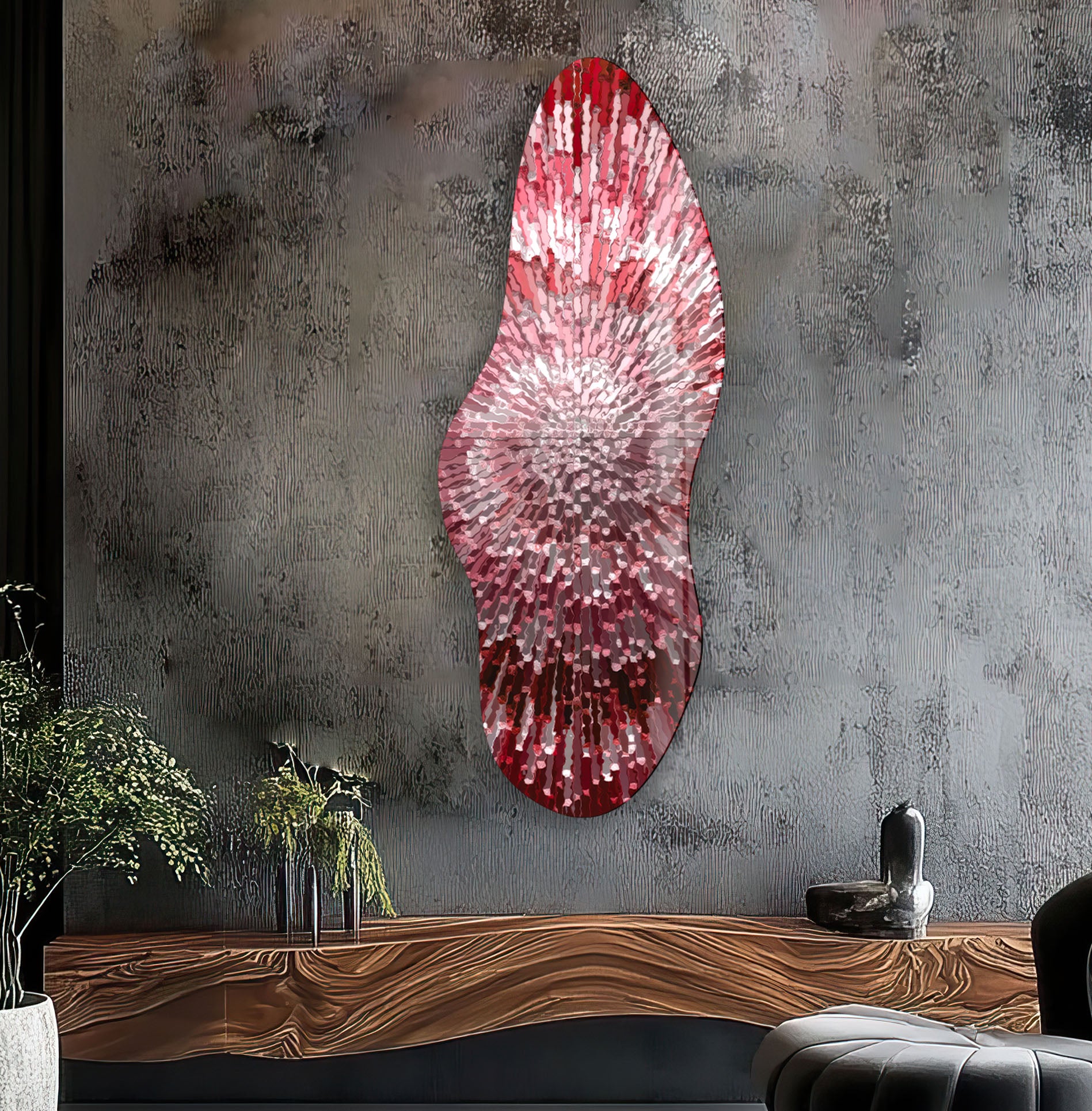 Abstract Red Helix Asymmetrical Glass Wall Art - Modern Handmade Home Decor for Living Room, Bedroom & Office - Unique 3D Sculpture for Contemporary Interior Design