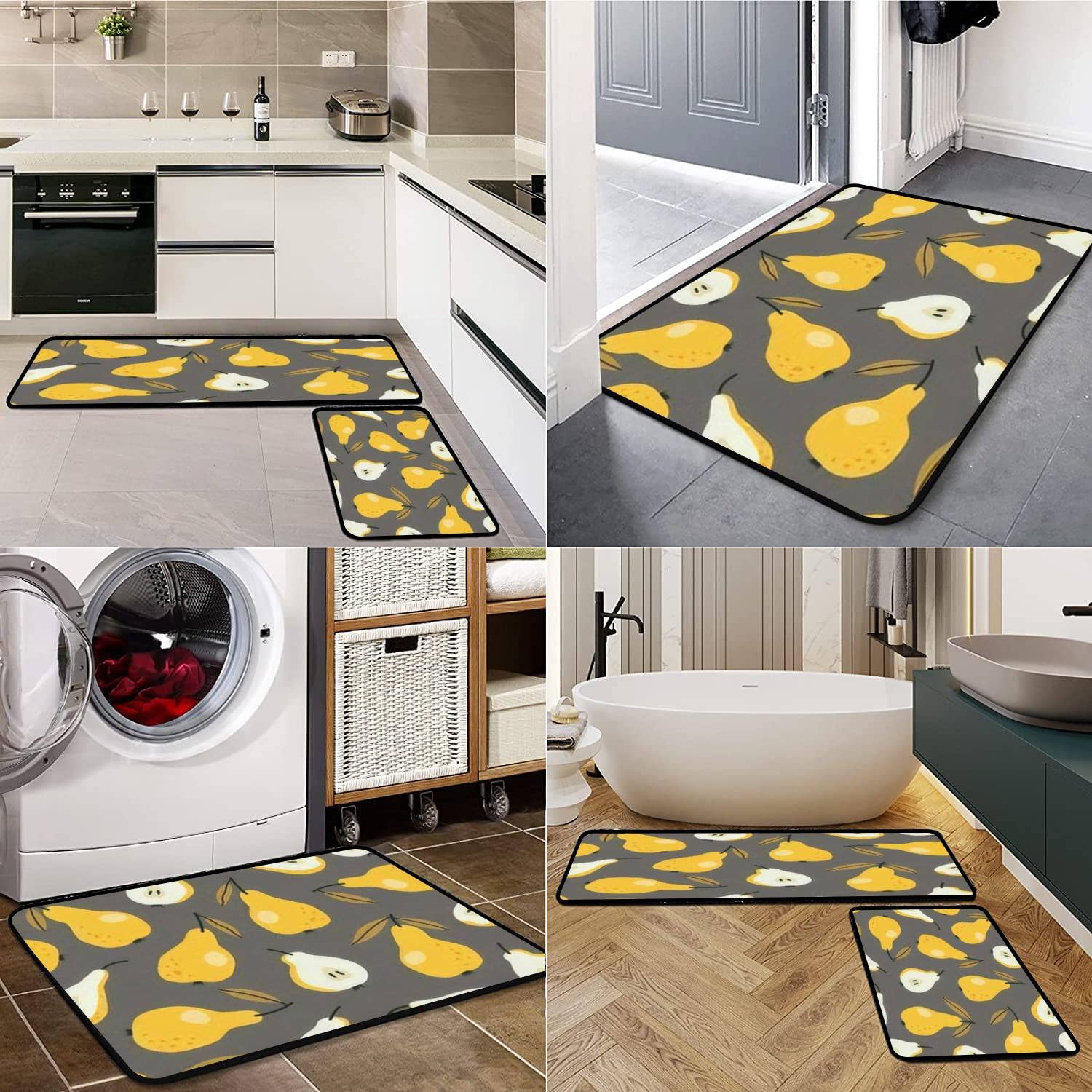 Non-Slip Washable Kitchen Rugs Set - Yellow Pear with Green Leaves Design, Gray Hand-Drawn Pears Kitchen Mat, Comfort Standing Floor Mat for Kitchen, Bathroom & Entryway Decor - Perfect for Home, Apartment & Office Use