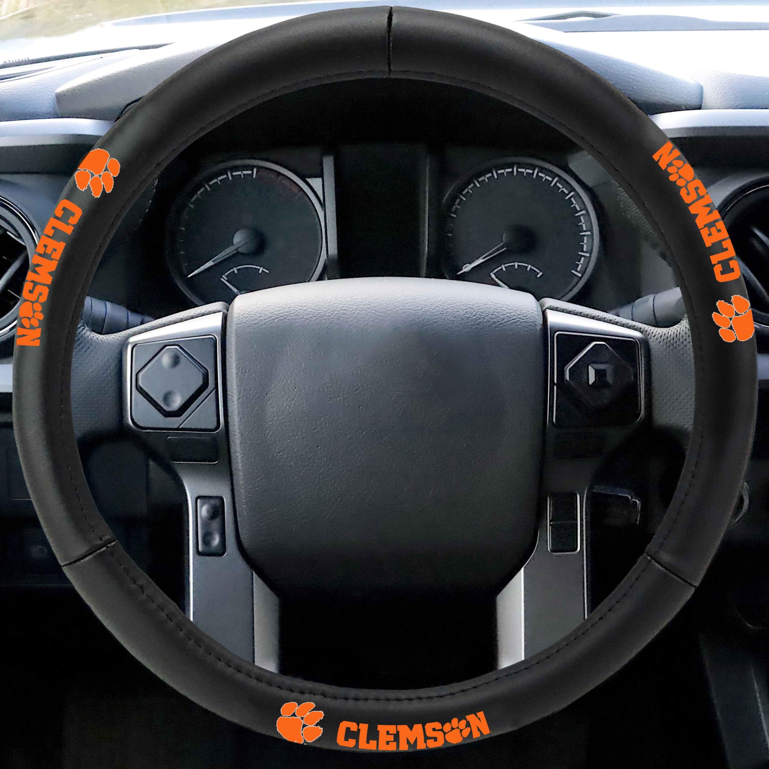FANMATS 40514 Clemson University Genuine Leather Steering Wheel Cover - Black 15
