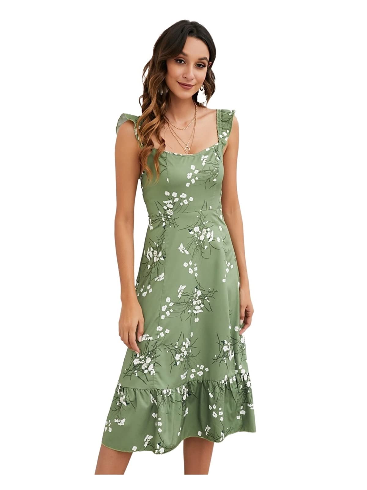 TINMIIR Women's Floral Summer Dress with Ruffle Trim & Thigh Split - A-Line Midi Dress for Beach, Party & Casual Wear
