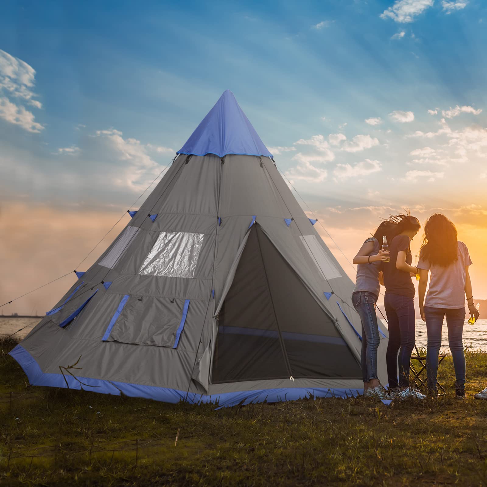 Outsunny 12Ft 4-Season Camping Tent for 6-7 People, Waterproof Teepee Tent with 8 Mesh Windows, Perfect for Family & Friends Outdoor Adventures, Hiking, Backpacking, and Beach Camping
