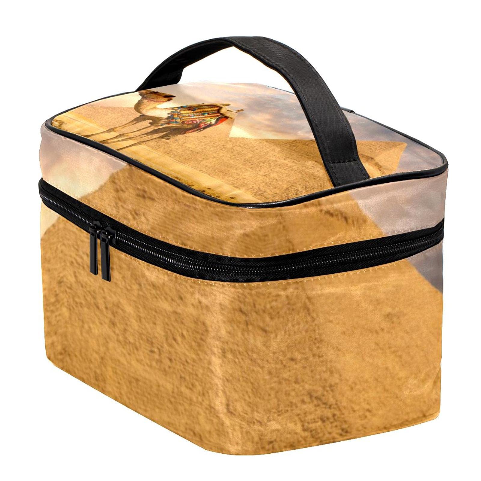 Egyptian-Themed Large Travel Makeup Bag - Camel & Pyramids Pattern Cosmetic Organizer with Zipper, Spacious Toiletry Case for Women & Girls | Perfect for Vacation, Gym, Beach Trips & Daily Use