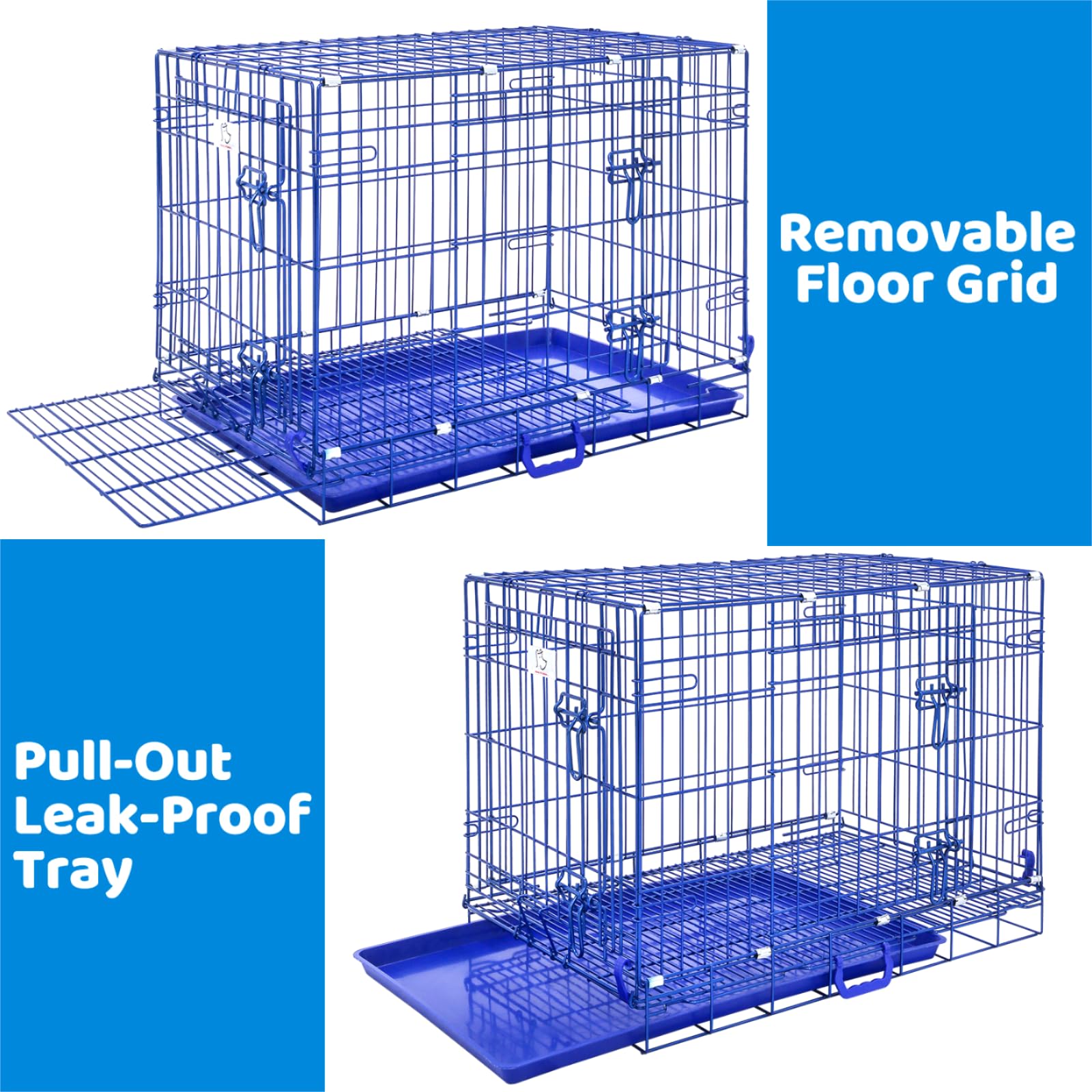 30 Inch Blue Collapsible Dog Crate for Small to Medium Dogs - Indoor Pet Kennel with Nano-Coated Metal Wire, Removable Tray & Floor Grid, Double Doors with Dual Locks, Portable Handle - Perfect for Home, Travel & Training