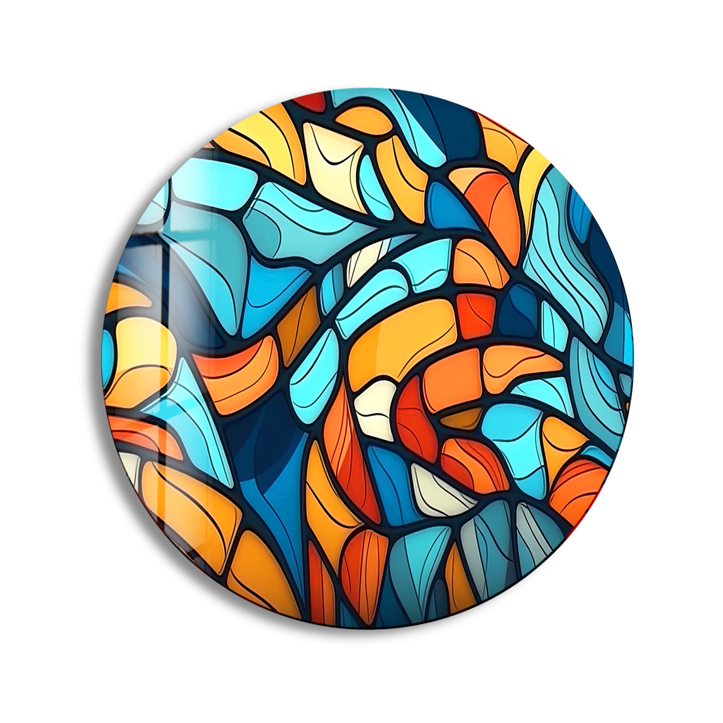 Colorful Abstract Stained Glass Round Wall Art - Blue & Orange Modern Design for Living Room, Bedroom, or Office Decor