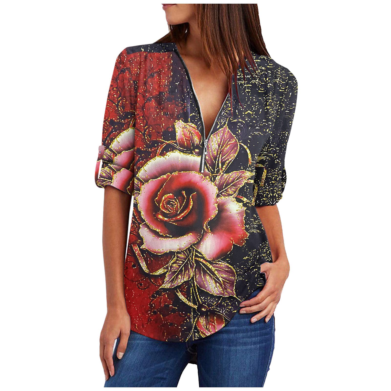 Women's Long Sleeve V-Neck Zip Up Blouse - Casual Pleated Cuffed Tops with Stylish Print for Work & Everyday Wear | Office Outfits & Weekend Fashion