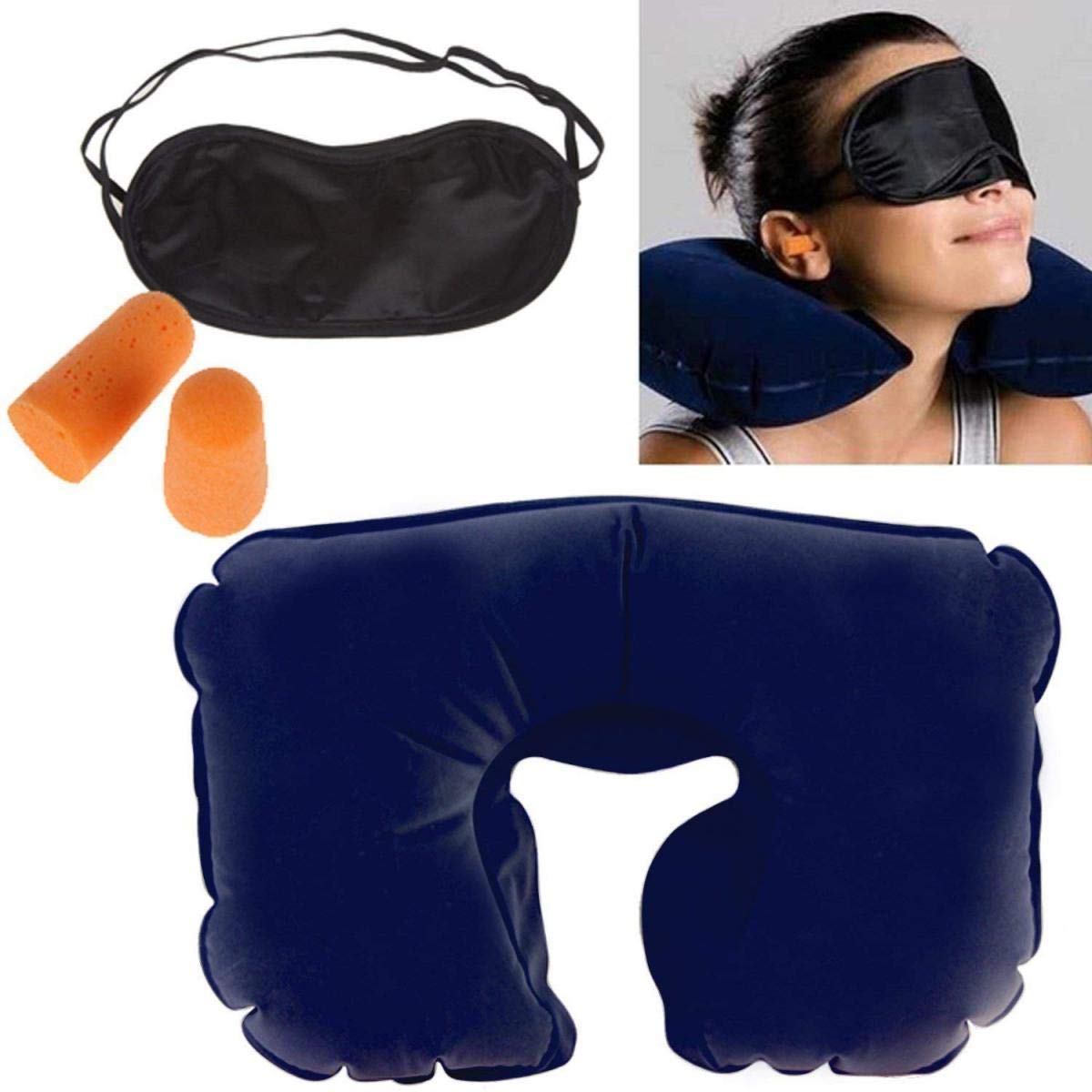 Naivete Polyester Cotton Neck Travel Pillow with Eye Mask & Ear Plugs - Soft Support for Airplane, Car & Office Naps (Navy Blue, 1 Piece) - Perfect for Long Flights, Road Trips & Work Breaks