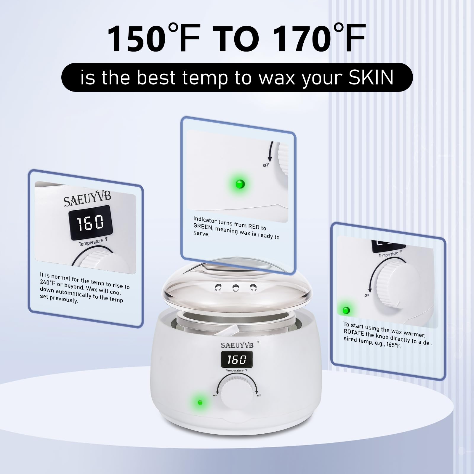 Professional SAEUYVB Digital Hair Removal Wax Warmer with Through Lid & 16oz Pot - White for Salon & Home Use - Perfect for Legs, Arms, Bikini & Facial Waxing