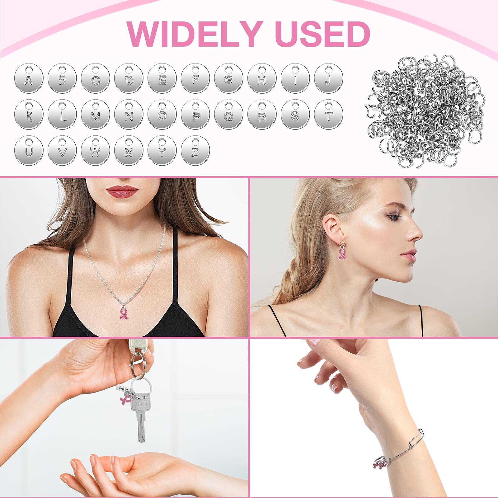 Hicarer 318-Piece Breast Cancer Awareness Jewelry Set - Pink & Silver Ribbon Charms, Round Letter Pendants, Expandable Bracelet, Keychains, Open Jump Rings for DIY Jewelry Making - Perfect for Fundraisers, Awareness Events & Gifts