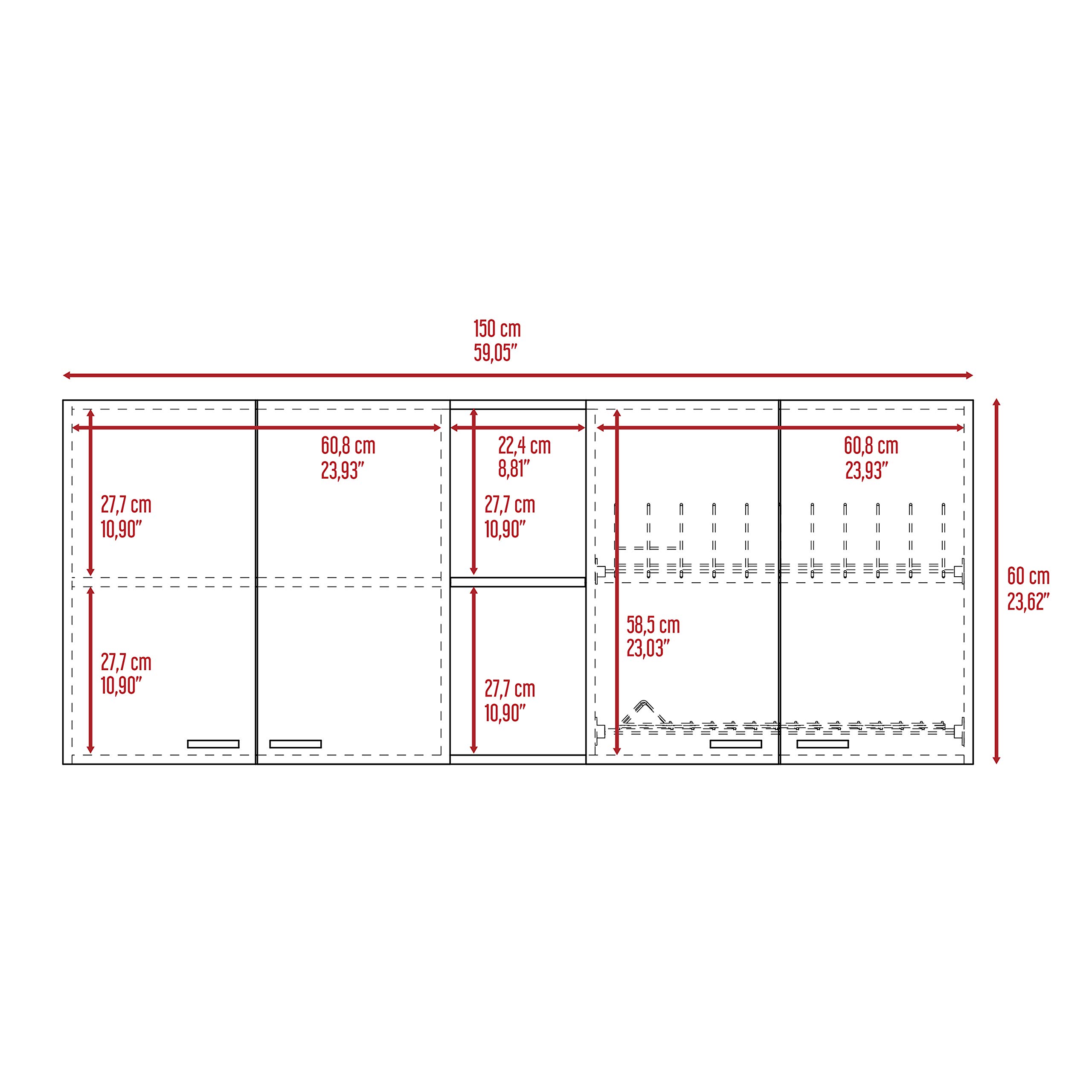 Olimpo 150 Wall Cabinet with 4 Doors, 2 Open Shelves & 2 Internal Shelves - Dish & Glass Organizer - 24