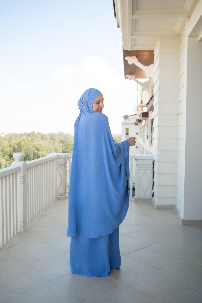 Blue Calinia Prayer Gown Two Piece Set Khimar for Omrah - Islamic Modest Dress for Women, Hajj & Umrah Prayer Outfit - Perfect for Mosque, Religious Ceremonies & Daily Worship