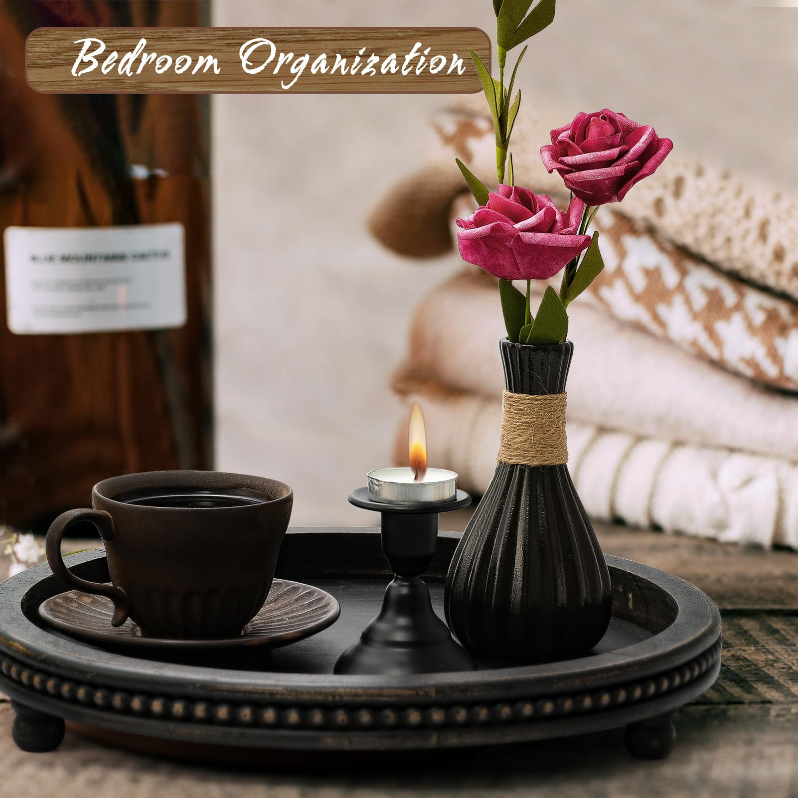 KULEDM Black Round Wooden Tray with Beaded Design - Decorative Coffee Table Tray for Living Room, Dining Table & Entryway | Perfect for Serving Drinks, Displaying Decor & Organizing Essentials