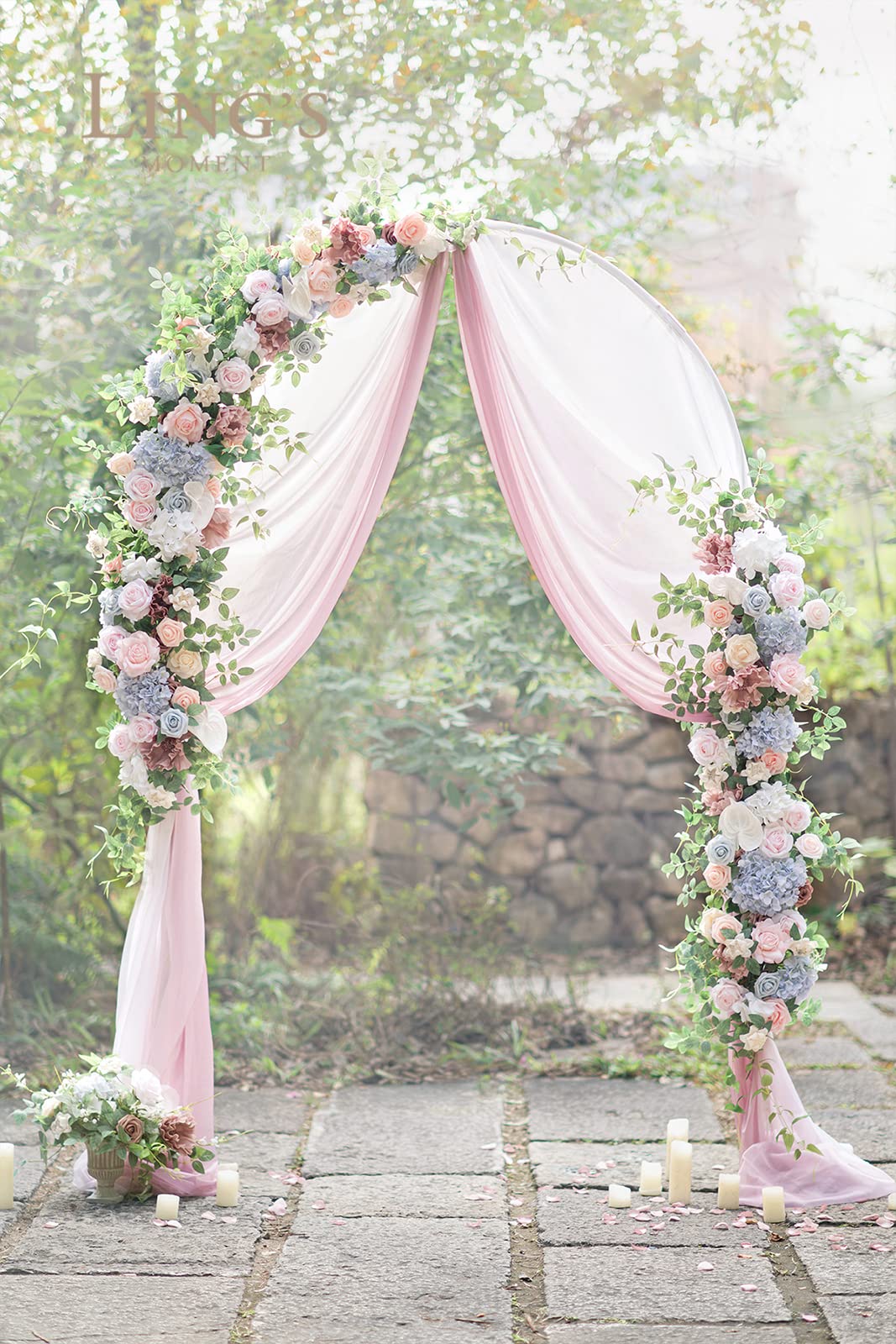 Ling's Moment Ombre Sheer Drapes & Free-Combined Arch Flower Arrangement - Wedding Ceremony Floral Decor for Arbors, Aisle, and Reception Backdrops