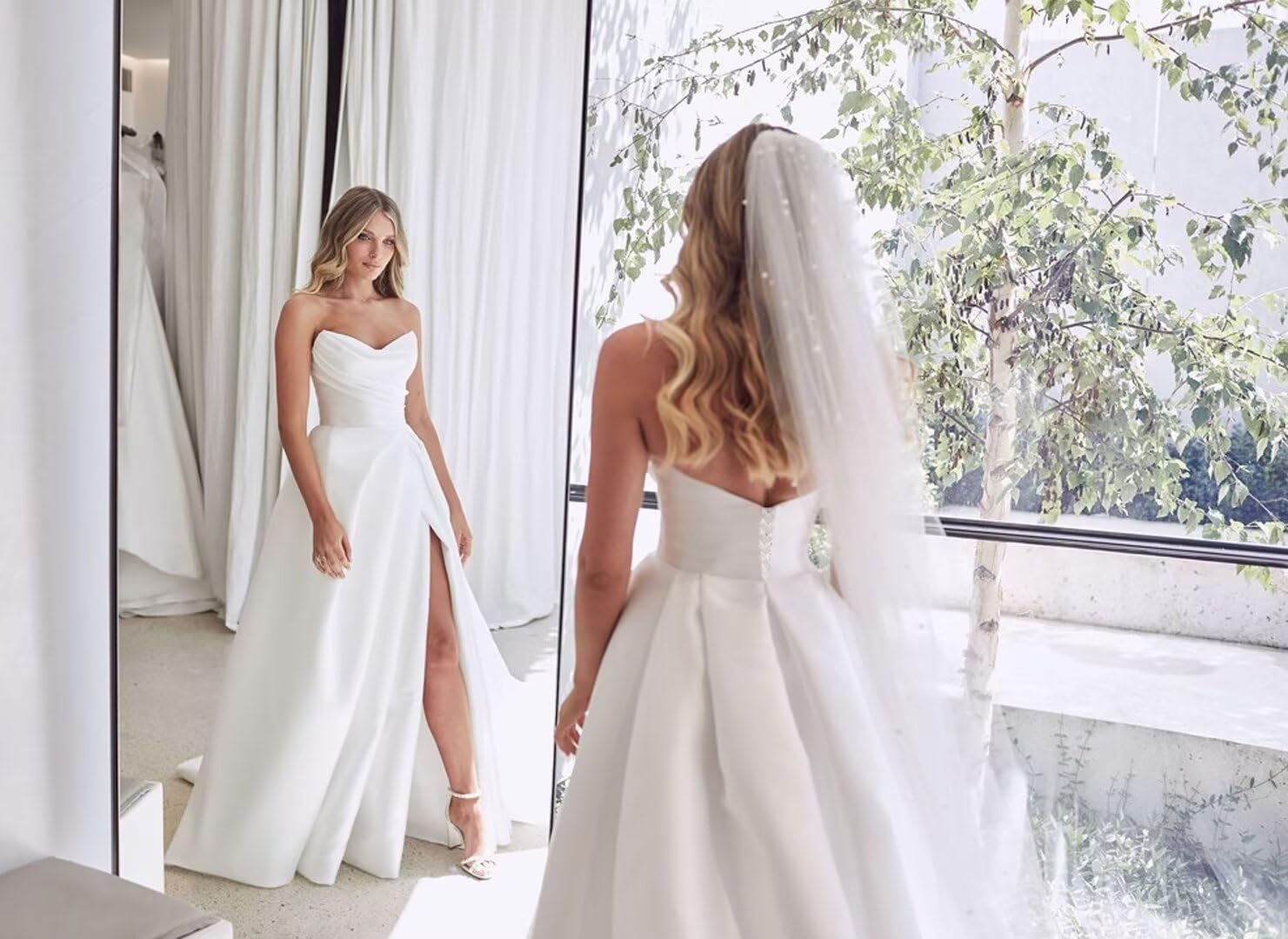 Elegant A-Line Satin Wedding Dress for Bride - Long V-Neck Pleated Gown with Side Slit | Perfect for Church Ceremony, Beach Wedding & Reception Party