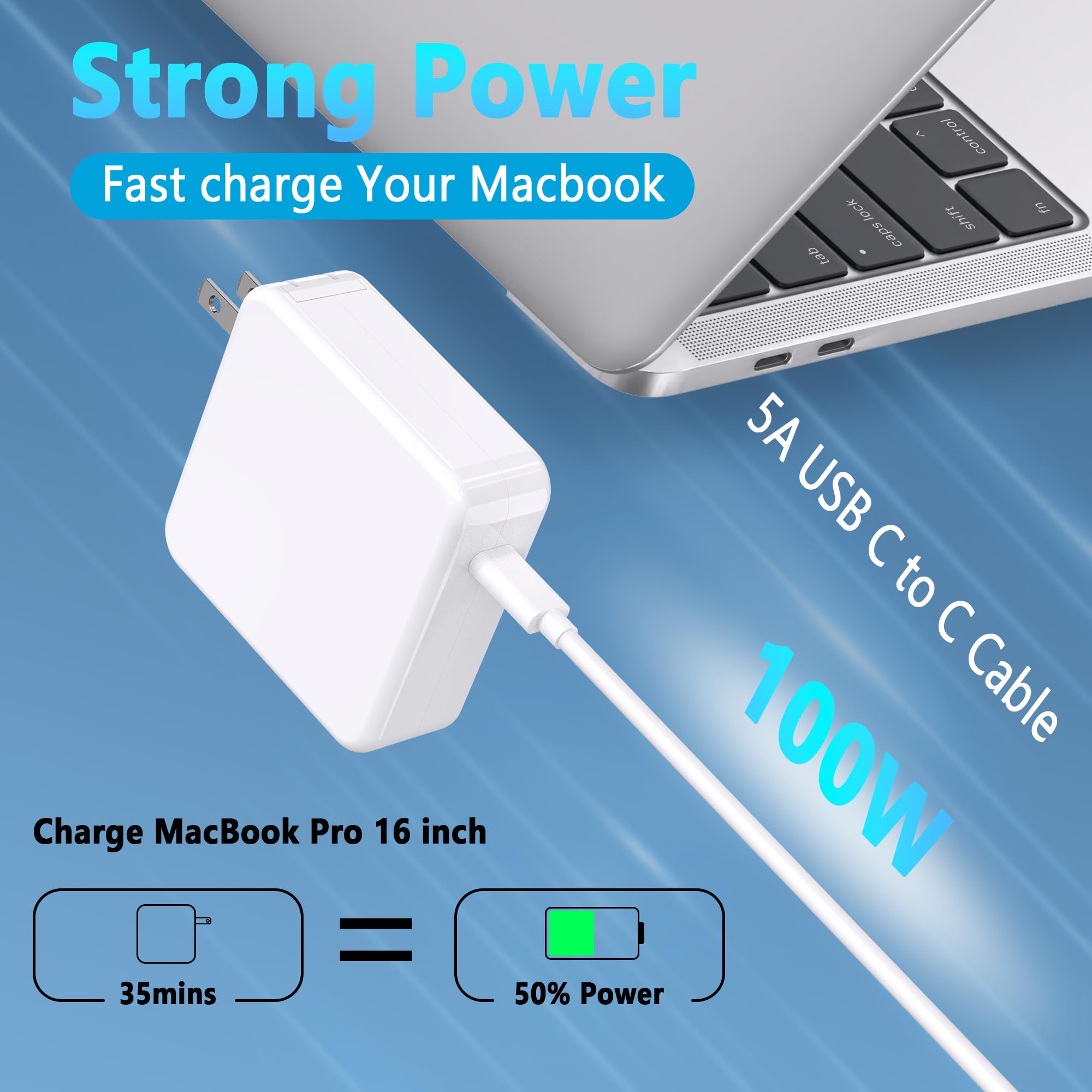 100W USB C Fast Charger for MacBook Pro/Air 16 15 14 13 Inch, iPad & Type C Devices - Travel Laptop Power Adapter with 5A Cable | Perfect for Home, Office & Business Trips