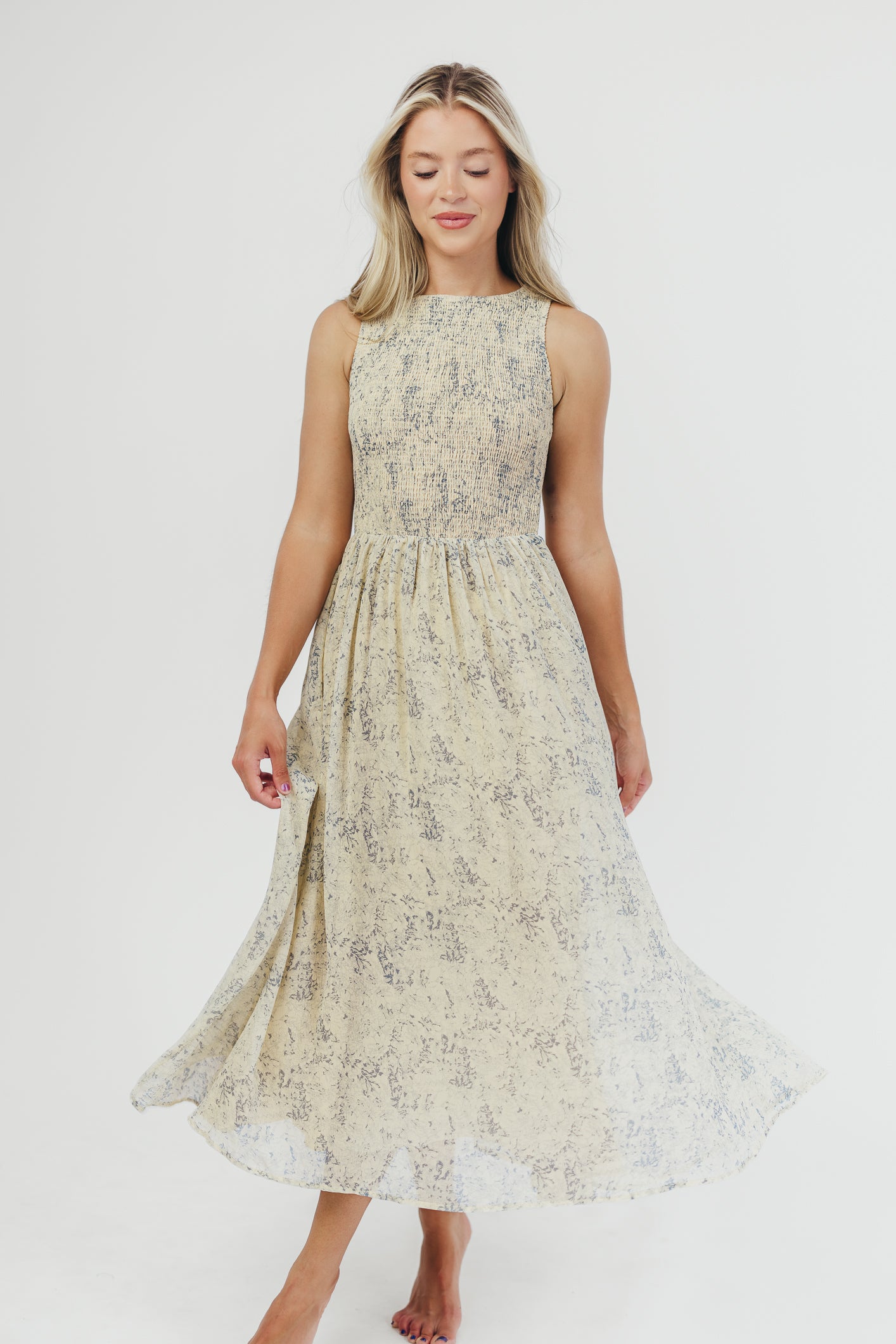 Alaina Floral Print Smocked Midi Dress - Blue Multi Color Summer Dress for Women | Perfect for Beach Vacations, Garden Parties & Casual Outings