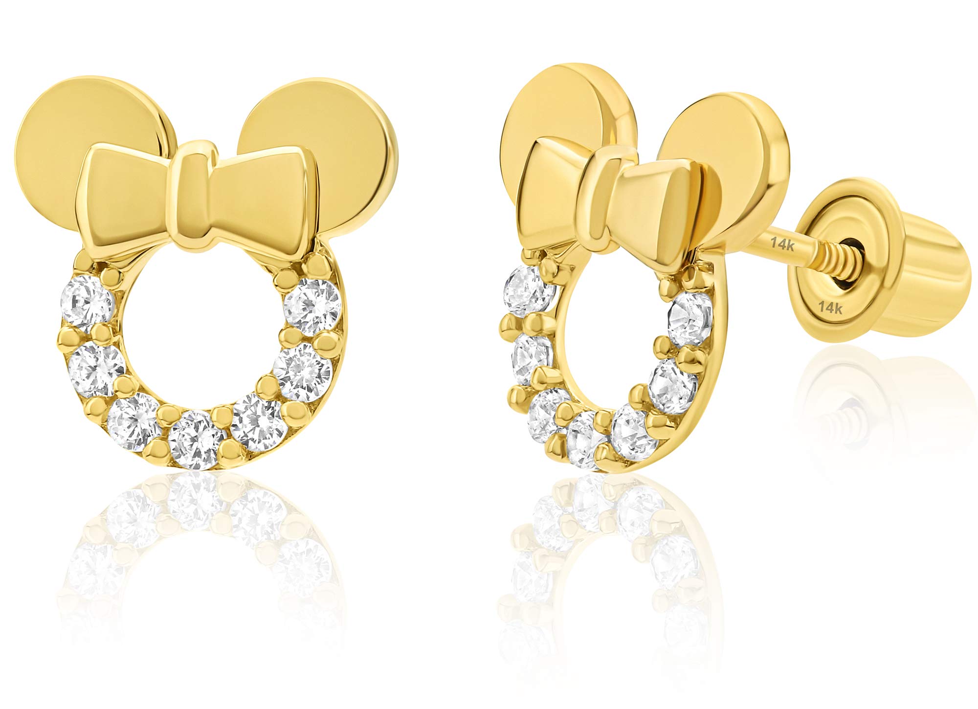 14K Yellow Gold Mouse Stud Earrings with Cubic Zirconia - Comfortable Screw Back for Secure Fit - Perfect for Everyday Wear, Gifts & Special Occasions