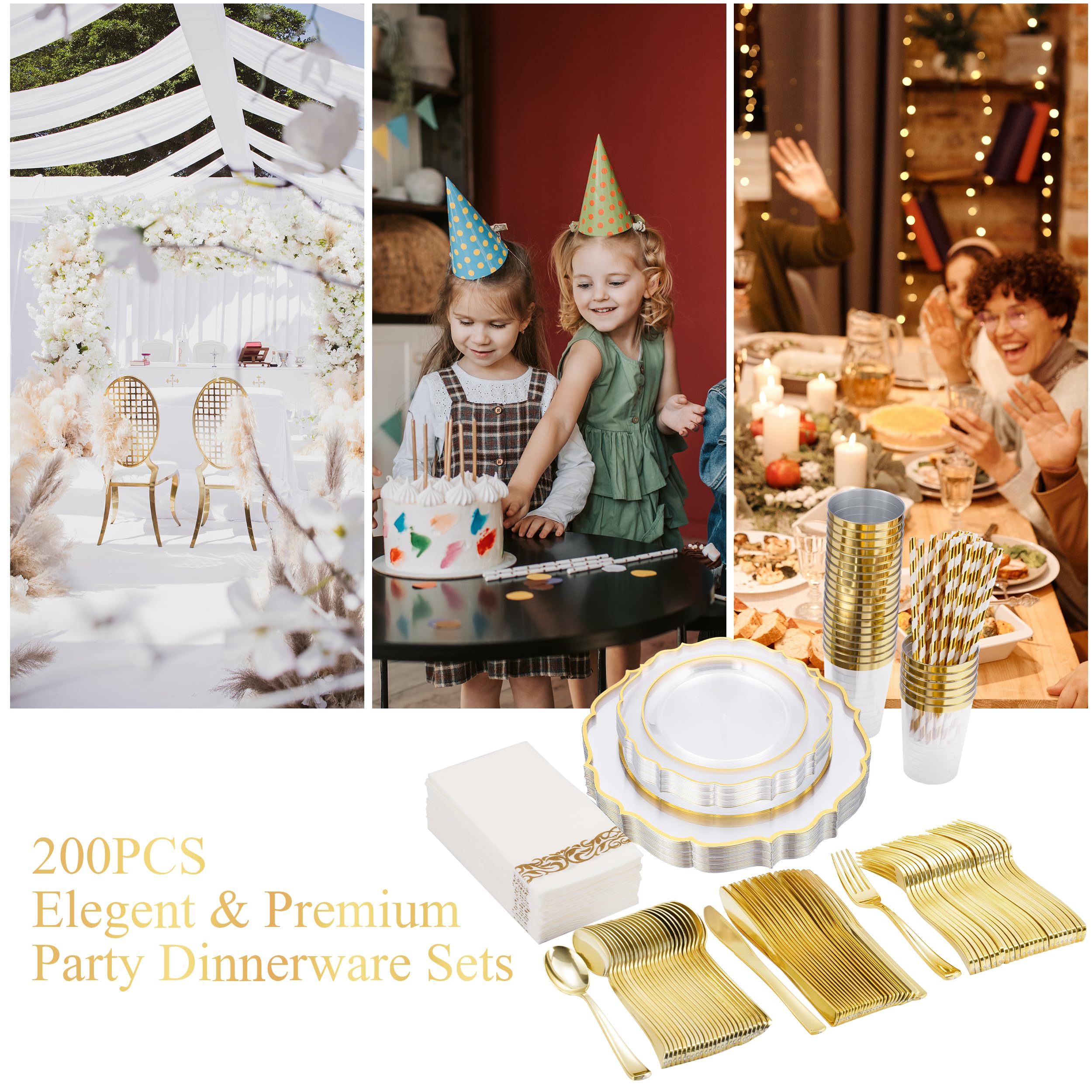 200-Piece Baroque Gold Rimmed Disposable Dinnerware Set - Heavy Duty Plastic Plates, Cutlery & Napkins for 25 Guests | Elegant Wedding, Party & Event Tableware | Includes Dinner Plates, Dessert Plates, Spoons, Forks, Knives & Cups
