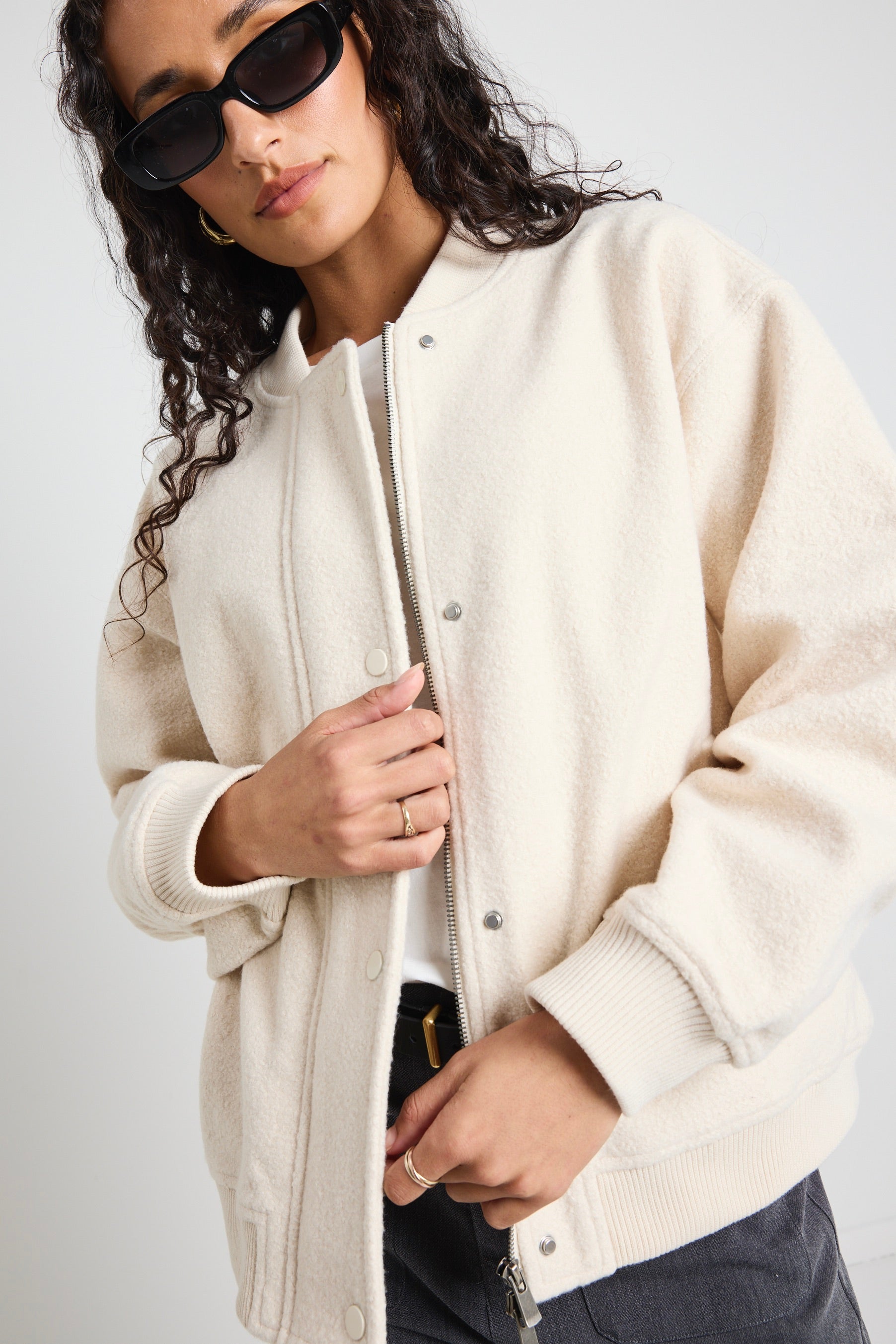Stylish Brisk Bone Boucle Bomber Jacket for Women - Trendy Oversized Coat with Pockets | Perfect for Fall, Winter & Casual Outfits