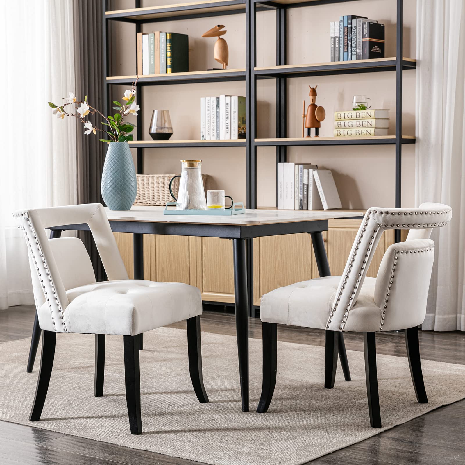 ZSARTS Set of 2 Cream Velvet Dining Chairs - Modern Upholstered Hollow Nailhead Back Kitchen Chairs with Tufted Button Accent & Wood Legs - Perfect for Dining Room, Living Room, Kitchen Island or Breakfast Nook