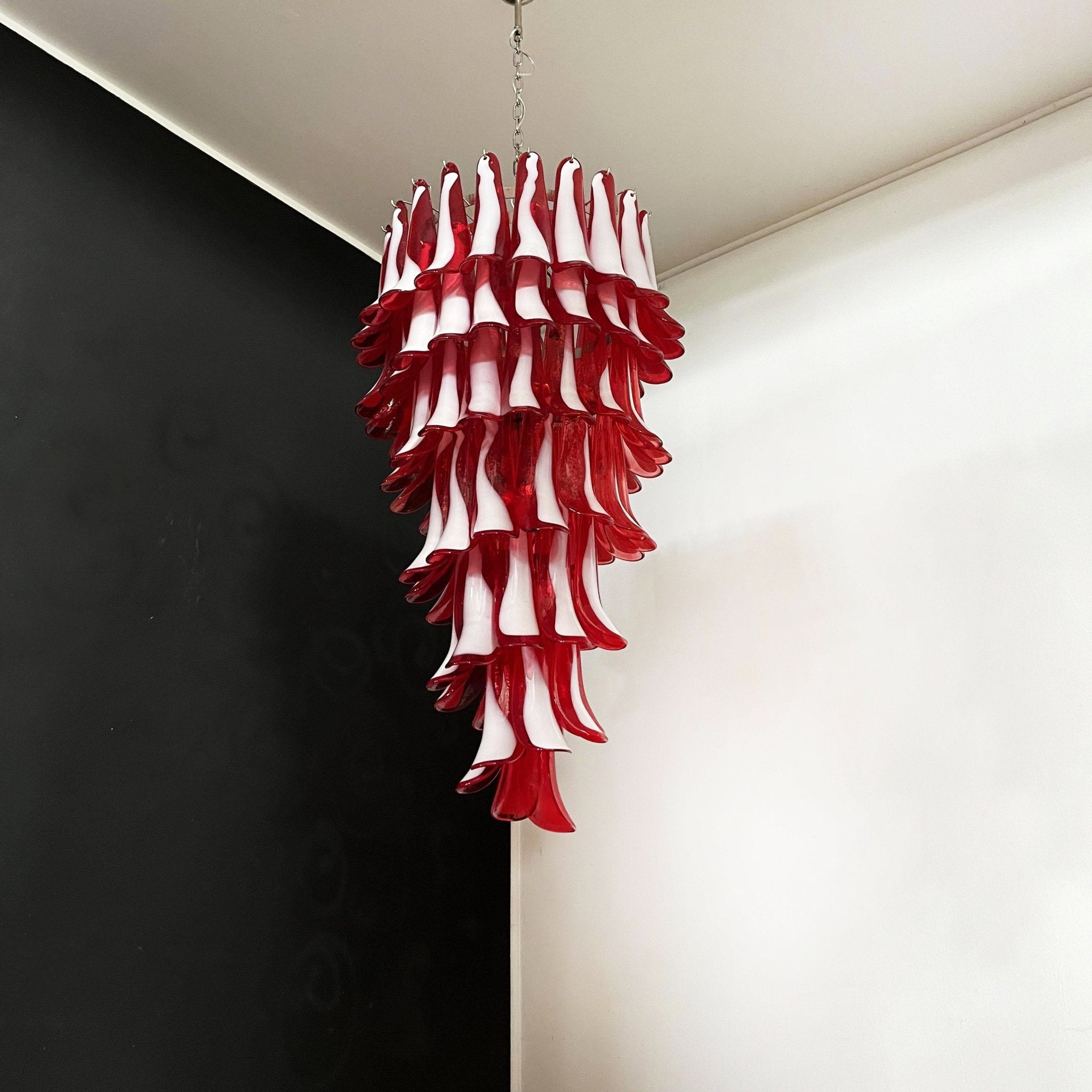 Murano Glass Red Petals Spiral Chandelier - Elegant Venetian Crystal Ceiling Light Fixture for Dining Room, Living Room & Bedroom Decor